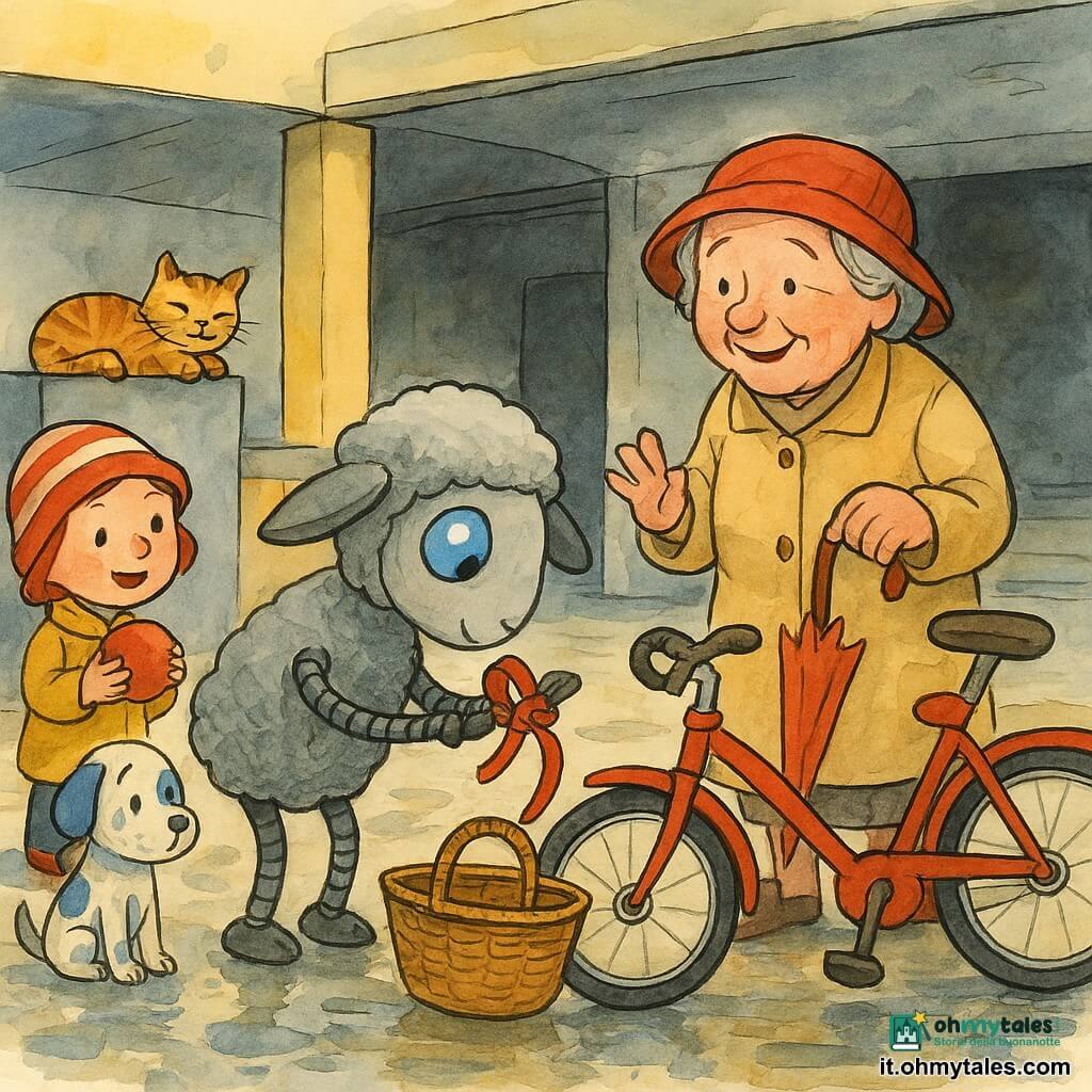 La protagonista è una piccola pecorella meccanica curiosa e dolce, corpo in tessuto grigio peluche e grande occhio luminoso blu, che tiene un pezzo di nastro rosso nel muso e si china su un cestino di una bicicletta; la signora Rosa è una vecchia sorridente con cappotto beige e ombrello rosso accartocciato, accanto alla pecorella, sollevata; Tito è un piccolo cane di porcellana macchiato di blu, tremante ma felice, seduto vicino a un’auto parcheggiata; Gino è un gatto pigro tigrato, occhio socchiuso, appoggiato a una colonna del parcheggio e osserva; Sofia è una bambina con cappellino a righe, viso arrossato dall’emozione, che tiene una palla rossa vicino alla bicicletta; il luogo è l’ingresso di un parcheggio sotterraneo che si apre sul cortile del palazzo: rampe grigie, colonne gialle, pavimento bagnato con riflessi, bicicletta rossa in primo piano e scatole impilate; la scena mostra la pecorella che scopre il nastro dell’ombrello nel cestino, circondata dai vicini e dai bambini che la osservano, atmosfera calda e curiosa, tratti a inchiostro colorato, ombre morbide e texture del tessuto visibili.