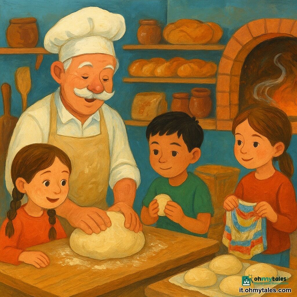 Un uomo, il fornaio Luigi, sorridente e benevolo, con baffi bianchi e grembiule beige infarinato, impasta una grande palla di pasta su un piano di legno con espressione calda e concentrata; una bambina, Sofia (circa 7 anni), con due trecce e il viso spolverato di farina, osserva estasiata e tocca leggermente la farina sul bancone a sinistra del fornaio; un ragazzo, Samir (circa 8 anni), dai capelli corti e curiosi, tiene una piccola palla di pasta davanti al fornaio, pronto a modellare il suo pane; una bambina, Emma (circa 9 anni), con capelli castani raccolti, sta vicino alla finestra a destra del bancone con un panno colorato pronta a coprire i panetti; interno della panetteria con bancone in legno chiaro, pala da forno appoggiata, sacchi di farina, stampi, giare in ceramica, scaffali pieni di pani dorati, pavimento piastrellato e luce mattutina dorata attraverso una piccola vetrina; scena principale: i bambini aiutano il fornaio a formare i pani, nuvole di farina fluttuano, piccole pagnotte posate su un panno e la porta del forno aperta che lascia uscire un bagliore arancione e volute di vapore indicate da morbide linee bianche.