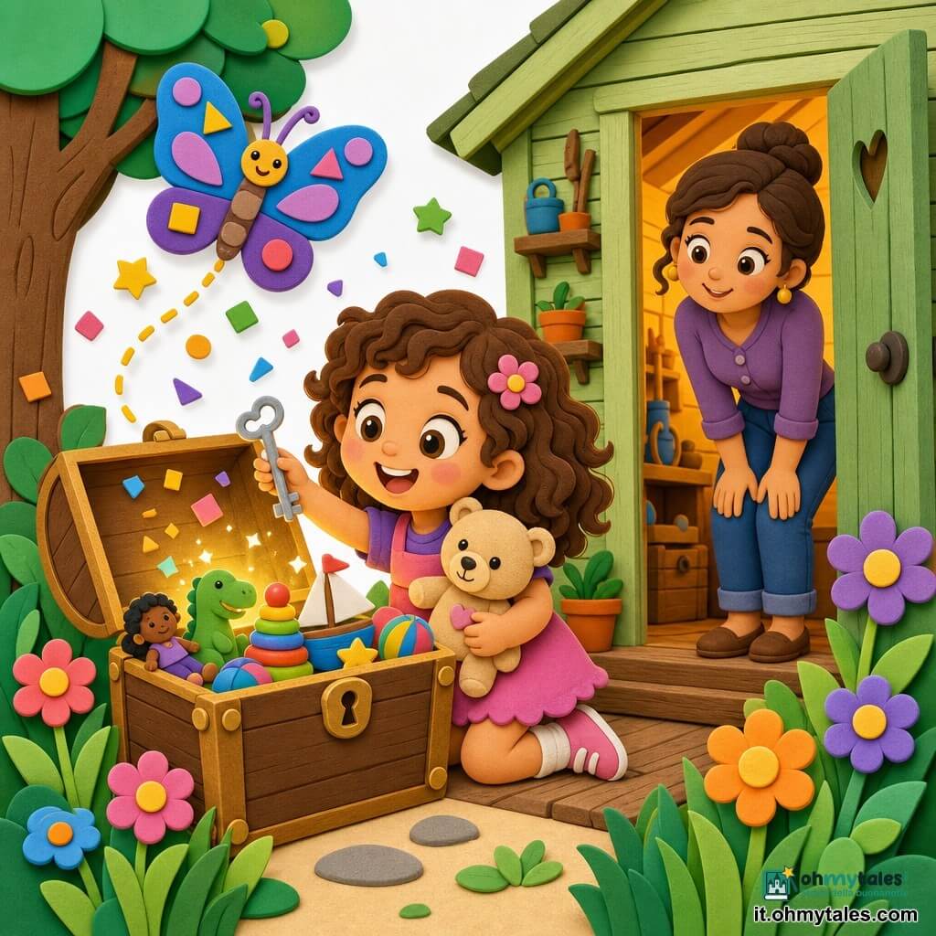 Una bambina di 4 anni, gioiosa e meravigliata, capelli castani ricci, occhi nocciola e guance rosate, tiene un orsacchiotto beige e apre sorridendo un grande baule di legno; una farfalla colorata con ali blu e viola a motivi geometrici vola sopra il baule guidandola con un movimento delicato. Una donna di circa 30 anni, capelli castani raccolti in uno chignon, osserva con sguardo tenero dalla porta del capanno vicino a un grande albero. Il vecchio capanno di legno è dipinto di verde pallido e l'interno è illuminato da una calda luce giallo-arancione, con erbe alte e fiori colorati intorno alla porta. La bambina trova nel baule giocattoli colorati e una piccola chiave argentata; il volto è illuminato e coriandoli di adesivi mostrano la gioia e la magia.
