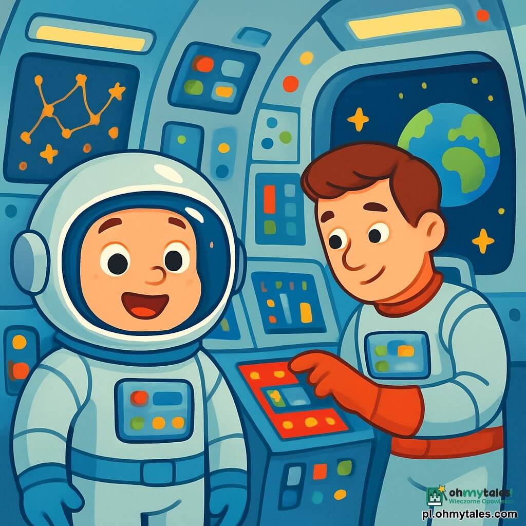 Astronauta Marek stoi w swojej rakiecie kosmicznej. Ma na sobie błyszczący hełm, który odbija gwiazdy, oraz srebrny uniform z niebieskimi detalami. Jego twarz wyraża radość i ekscytację, a oczy błyszczą ciekawością. Obok niego stoi astronauta Wiktor, około 30-letni, który bada panel sterujący. Ma brązowe włosy i podobny uniform, ale z czerwonymi akcentami. Otaczają ich świecące przyciski i ekrany z kolorowymi wykresami. Miejsce to futurystyczna kabina rakiety, wypełniona migającymi światłami i technologicznymi gadżetami. Ściany zdobią mapy gwiazd i okna z widokiem na kosmos, z migoczącymi gwiazdami i niebieską Ziemią w oddali. Marek i Wiktor sprawdzają instrumenty rakiety, uśmiechając się i współpracując, gotowi na swoją następną wielką przygodę w uniwersum.