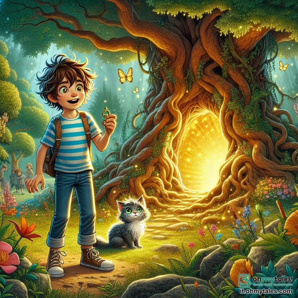 Un ragazzo di 9 anni, di nome Luca, si trova davanti a un maestoso albero di quercia, con gli occhi pieni di curiosità ed eccitazione. Ha i capelli castani in disordine, una maglietta a righe blu e pantaloni corti di jeans, e tiene in mano una piccola chiave dorata, guardando con meraviglia il suolo dove ha scoperto un portale luminoso. Accanto a lui, il suo fedele gattino Mirtillo, un piccolo gatto dai peli grigi e dagli occhi verdi brillanti, osserva attentamente l'apertura sotto l'albero, pronto a seguire il suo amico nell'avventura. Il luogo è un giardino incantevole, immerso in una luce dorata, con fiori colorati che danzano al vento e farfalle che svolazzano intorno a loro. L'albero di quercia, enorme e antico, è circondato da radici contorte e muschio verde, creando un'atmosfera magica e misteriosa. La scena principale mostra Luca, pieno di entusiasmo, che si prepara a entrare in un portale scintillante appena aperto sotto l'albero, simboleggiando l'inizio di una grande avventura in un mondo fantastico.