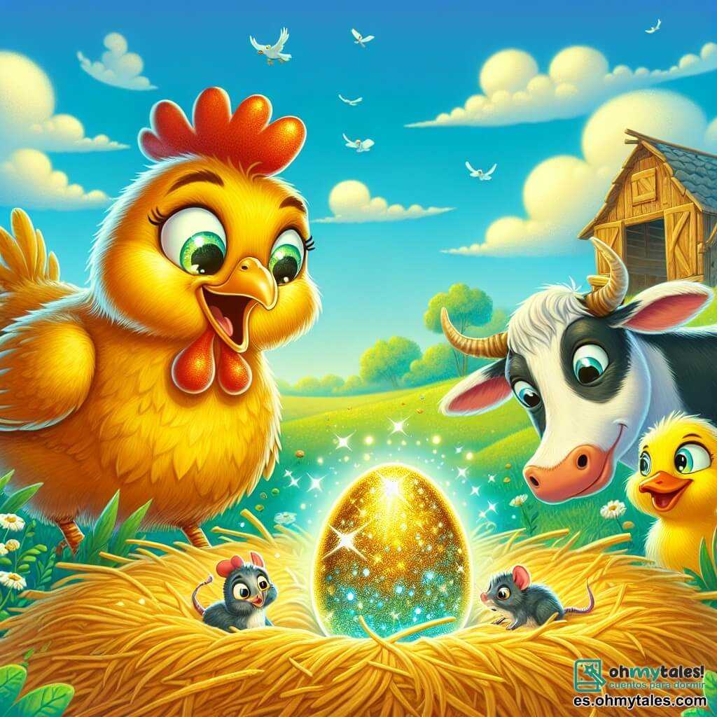 Una gallina de plumas doradas, con ojos chispeantes de curiosidad y una expresión maravillada, se encuentra en el centro de la imagen, mirando un huevo brillante bajo la paja. A su derecha, un pato de plumaje amarillo brillante, con una sonrisa traviesa, se acerca para ver el huevo. A su izquierda, una vaca de pelaje negro y blanco, con una expresión sabia, observa la escena con interés. Un pequeño ratón gris, con ojos traviesos, se desliza cerca del huevo, listo para tocar la superficie brillante. El decorado es una encantadora granja, con campos verdes que se extienden hasta donde alcanza la vista, un cielo azul salpicado de nubes blancas y esponjosas, y un viejo gallinero de madera al fondo. La escena muestra a Lila, la gallina, intrigada y emocionada por el descubrimiento del huevo misterioso, rodeada de sus amigos animales, todos cautivados por la magia de este momento.