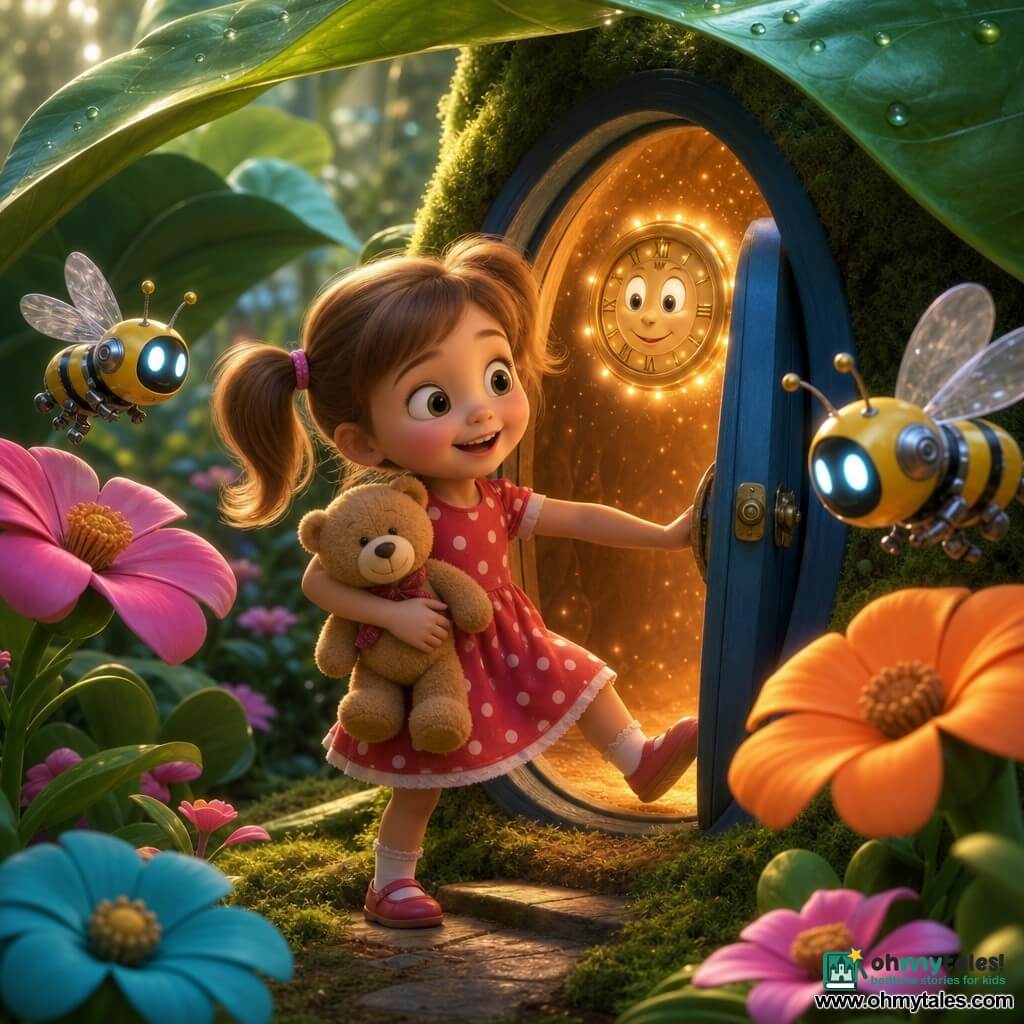 A joyful 4-year-old girl with light brown pigtails and bright eyes, wearing a polka-dot dress and clutching a teddy in her right arm, steps through a small blue round door and smiles with curiosity; a friendly golden clock-dial with a glowing face floats above the threshold, two yellow-and-silver bee-robots with translucent wings buzz at her head height among oversized saturated flowers and giant emerald-leaf umbrellas in a fantastical garden with soft mossy ground, warm portal light and sparkling particles conveying a safe, wondrous transition into the garden of time.