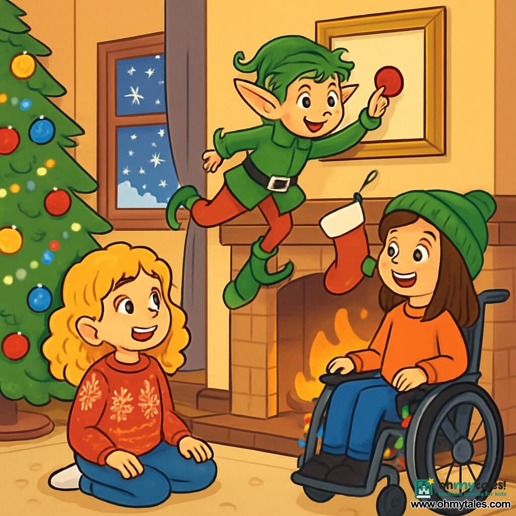 There are 3 characters: Maddie, an 8-year-old girl with curly golden hair, wearing a red sweater with snowflake patterns. She is sitting on the carpet, her eyes sparkling with curiosity, watching the mischievous elf. Jo, a 9-year-old girl with smooth brown hair, is sitting in a wheelchair decorated with fairy lights. She wears a green hat and a bright smile, ready to have fun. The Mischievous Elf is a small elf with fair skin, pointed ears, and green tinsel hair. He wears a bright green coat and red pants, standing on the mantelpiece with a mischievous look, holding a red pom-pom in his hand. The scene takes place in a cozy living room decorated for Christmas. A large tree sparkles with colorful lights and shiny ornaments. The fireplace crackles softly, surrounded by Christmas stockings. Snowflakes gently fall outside, creating a magical winter landscape through the window. The main situation shows Maddie and Jo, amazed, watching the Mischievous Elf as he prepares to place a red pom-pom on a golden frame hanging above the fireplace, while laughter and magic float in the air.