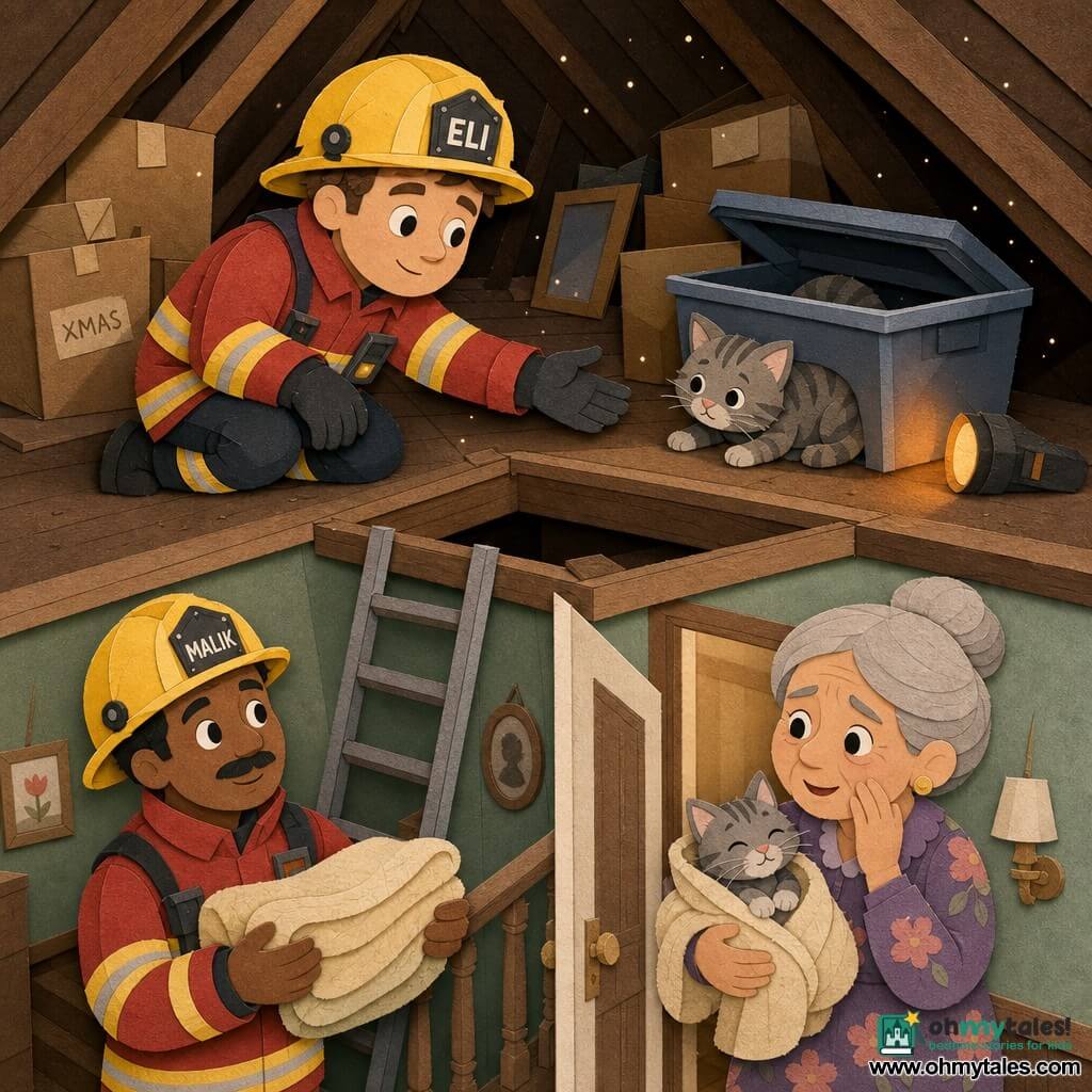 A firefighter named Eli, round-faced with a calm smile, yellow helmet slightly askew and red jacket with reflective stripes, kneels by an attic hatch reaching toward a small gray tabby cat, looking reassured and focused; a secondary firefighter, Malik (about 30), brown-skinned with a thin mustache, stands on the landing under the hatch holding a soft blanket at the base of the ladder and smiling encouragingly; Mrs. Bell (about 60), gray hair in a bun and wearing a floral dress, stands in the hallway near the attic door cradling the cat wrapped in the blanket, relieved and moved; the attic is a small sloped space with brown wooden beams, floating dust like glitter, stacked boxes and a large plastic crate ajar with a tail peeking out, lit partly by a dim orange flashlight glow; the main scene shows Eli rescuing the cat from the corner of the plastic box under soft light and warm contrast, with calm, attentive gestures and an atmosphere of safety and relief.