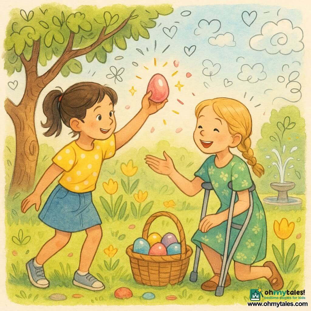 Two girls around eight: a brown-haired girl in a yellow polka-dot tee and denim skirt stands left on tiptoe, reaching into low apple tree branches to hand a shiny pink Easter egg to a right-side blonde girl with braided hair on thin crutches wearing a green floral dress who crouches slightly with a colorful basket of bright eggs beside her; bright spring garden with green grass, yellow tulips and daffodils, a gnarled apple tree hung with glossy eggs, painted stones and a small sparkling fountain, blue sky with doodle clouds; warm, collaborative scene with vivid colors, golden gleams on the eggs, pink petal confetti, soft illustrative style with rounded outlines, light watercolor textures and small joyful doodles (arrows, hearts, stars).
