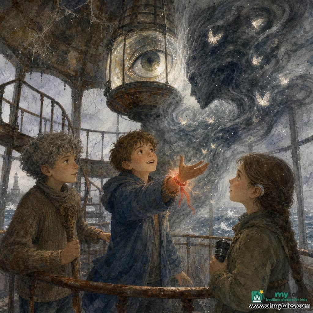 Three 9-year-olds in a lighthouse lantern room: Milo, chestnut short hair, oversized blue coat, a thin glowing red ribbon tied to his wrist, stands center and reaches into a dark mist; Ava, long brown braid, small silver hearing aid, khaki jacket, stands right clutching an unlit flashlight and watches; Jonas, graying curls, carved wooden cane, ragged sweater, stands left hand on the railing, cautious and protective. The round tower room has salt-streaked, cobwebbed windows, rusty metal steps, and a hanging glass lantern; outside a grey sea and thick fog seep through the joints. A large shape of dark mist formed of swirls and small luminous "song" motes leans toward the lantern as if listening; Milo offers his glowing ribbon, the mist shivers—tense, poetic atmosphere with a strong contrast between the ribbon's warm glow and the cold grey fog.