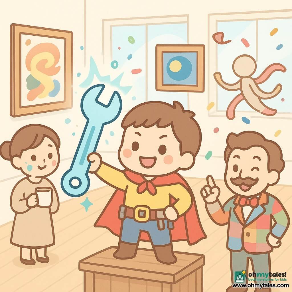 A mischievous, joyful hero called "Wrench Man" with short brown hair, a red-and-yellow cape and shiny tool belt stands on a small wooden platform in the foreground aiming a large magical wrench that emits blue-green sparks at a spinning canvas; to the right, a mid-40s conservator named Artimus with a curly mustache and multicolored patchwork suit laughs and winks while gesturing as if commanding chaos; to the left, a 30-ish gallery assistant with her hair in a bun and paint-splattered face holds a cup of hot chocolate, amused and relieved near an overturned frame; the bright white-walled gallery with wide windows and gleaming parquet features colorful paintings spinning like carousels and moving sculptures with ribbons and confetti, creating a lively, comic scene as Wrench Man tries to stabilize the gallery while smiling visitors and artworks join the joyful spectacle.