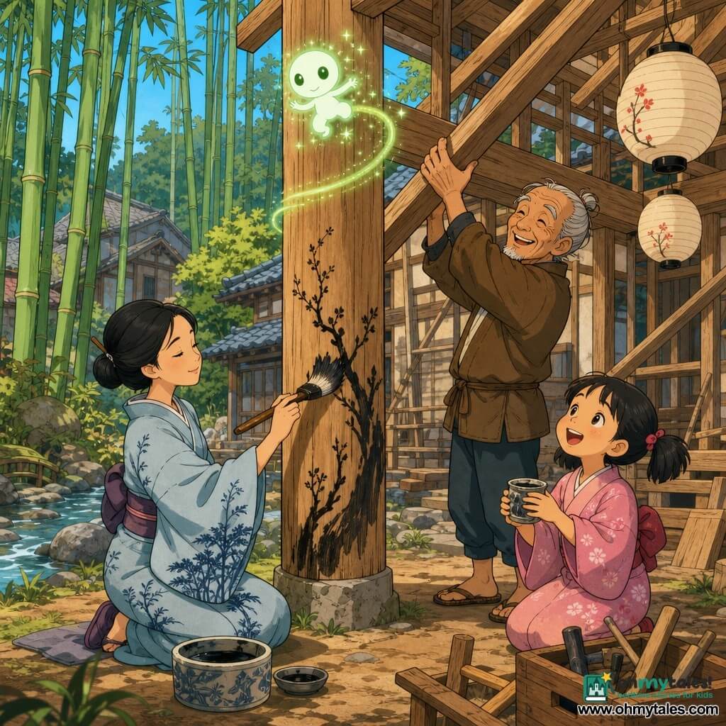 Akiko, serene and focused with smooth black hair in a bun, wears a pale blue kimono with ink patterns and delicately paints a central wooden pillar with a large brush; a small luminous kodama spirit, like stardust with round kind eyes, dances near the top leaving a trail of green light; an elderly smiling man of about 65 in a simple brown jacket lifts a beam to Akiko’s left, helping rebuild the house; a girl of about eight with pigtails in a pink kimono holds a small paint pot and watches in wonder near a pile of tools; the setting is a Japanese village courtyard by a stream with packed-earth ground, tall green bamboo, and a partially rebuilt wooden house with exposed beams and hanging paper lanterns; the scene shows a warm, colorful communal reconstruction, clear contours and soft colors in the style of Franco-Belgian comics.