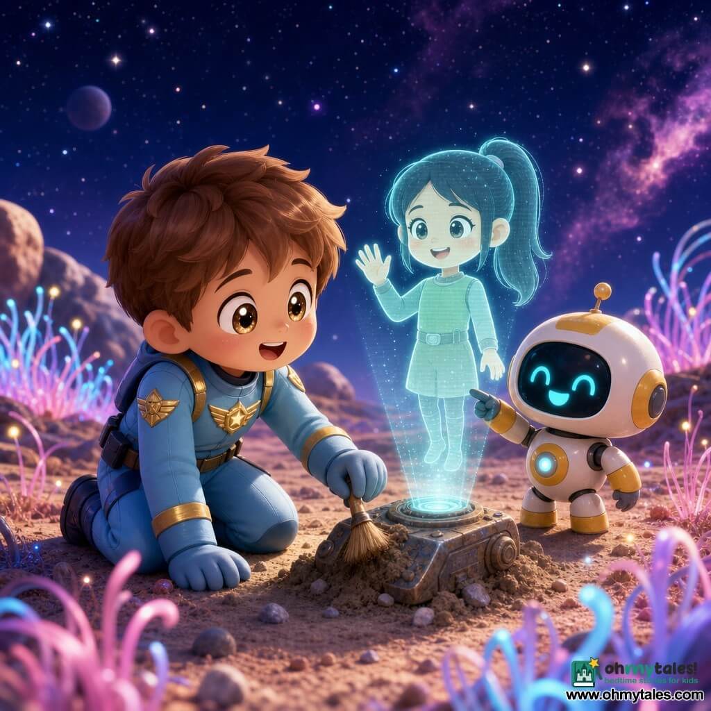 Captain Leo, smiling and awed, bright-eyed with short brown hair in a light-blue space suit with gold insignia, kneels to dust off a small antique device on the ground; his companion robot Sparky, small and round with a white body, yellow accents, and a cheerful LED display, points at the device from just behind him; a translucent hologram of a roughly 10-year-old girl with a gentle face, ponytail, and simple pale-green outfit appears above the device, smiling and raising her hand; they stand on a planet of pink and blue luminescent grasses and small silver stones beneath a deep starry sky with purple nebulae on the horizon as Leo and Sparky discover an ancient transmitter hidden in the vegetation and the girl's hologram activates, creating a warm, magical scene of curiosity and soft light.