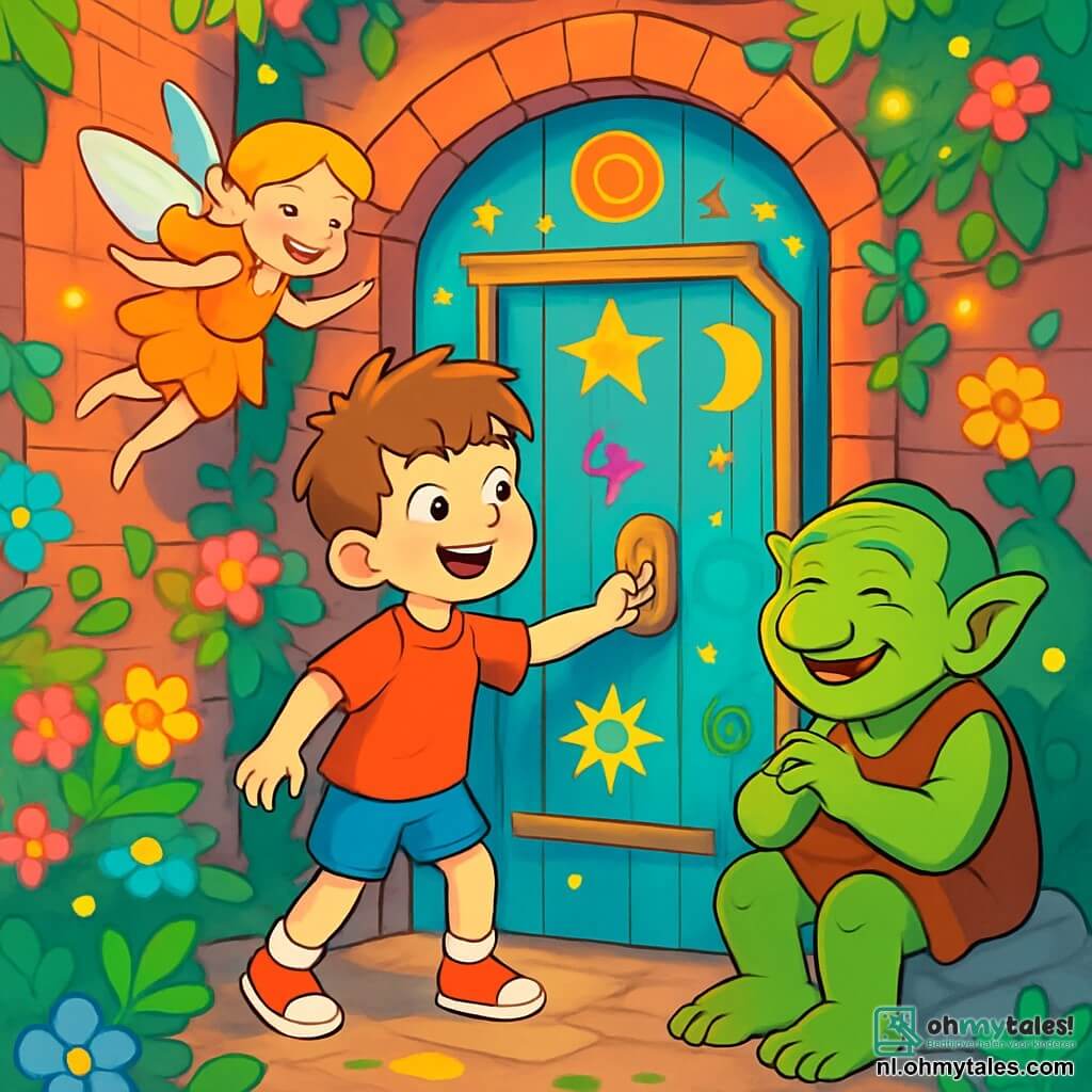 Een 6-jarig jongetje, genaamd Tommy, met rommelig kastanjebruin haar en sprankelende nieuwsgierige ogen, staat voor een oude houten deur versierd met felle kleuren en mysterieuze symbolen. Zijn gezicht straalt grote opwinding en een vleugje verwondering uit. Naast hem vliegt een kleine fee met glinsterende vleugels, ongeveer 10 jaar oud, met goudkleurig haar en een jurk van bloemblaadjes, vrolijk om hem heen en zachtjes lachend. Een oude troll, ongeveer 50 jaar oud, met groene huid en ondeugende ogen, zit op een steen en zingt een zachte melodie, met een welwillende glimlach op zijn gezicht. De plek is een smal, schaduwrijk steegje, vol kleurrijke planten en fonkelende lichtjes die in de lucht dansen. Oude bakstenen muren zijn bedekt met klimop en stralende bloemen, wat een magische en uitnodigende sfeer creëert. Tommy, verwonderd, opent de mysterieuze deur, klaar om een fantastische wereld binnen te gaan, terwijl de fee en de troll hem enthousiast aanmoedigen, wat een scène vol magie en avontuur creëert.