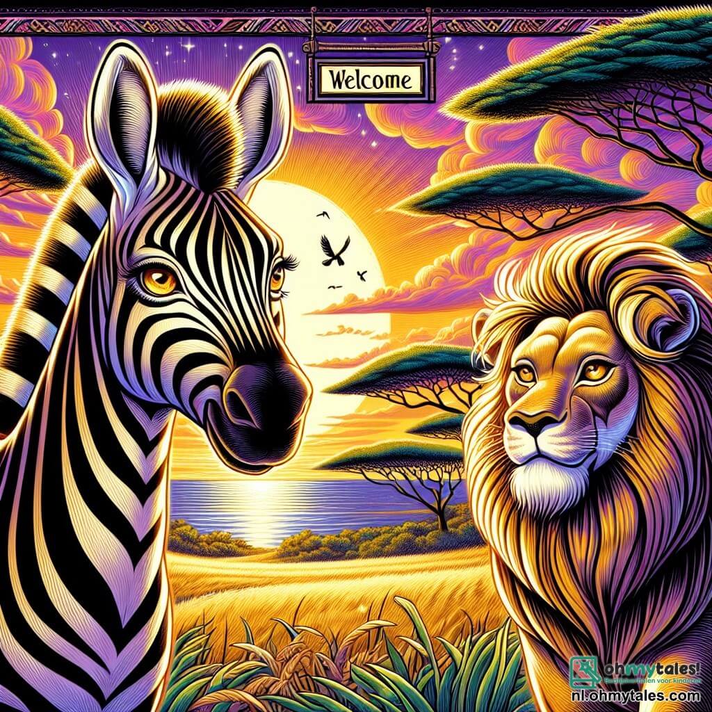 In het midden van de afbeelding staat Zuri, een jonge vrouwelijke zebra, trots met haar glanzende zwart-witte strepen onder de ondergang van de zon. Haar ogen stralen van opwinding en vastberadenheid terwijl ze in de verte kijkt naar een grote glinsterende meer. Aan haar rechterkant staat Kiongozi, een majestueuze mannelijke leeuw, met een nobele houding, zijn gouden manen die zachtjes in de wind waaien. Hij kijkt naar Zuri met een welwillende blik, klaar om haar te helpen. Op de achtergrond is het landschap een uitgestrekte gouden savanne, bezaaid met acaciabomen met heldergroene bladeren, en de lucht is een mengeling van warme kleuren, van roze tot paars, terwijl de zon aan de horizon ondergaat. De hoofdscène toont Zuri, de zebra, die moedig Kiongozi, de leeuw, aanspreekt en hem vraagt om toestemming om zijn territorium over te steken om het grote meer te bereiken, wat haar verlangen symboliseert om de schoonheid van de wereld om haar heen te verkennen.