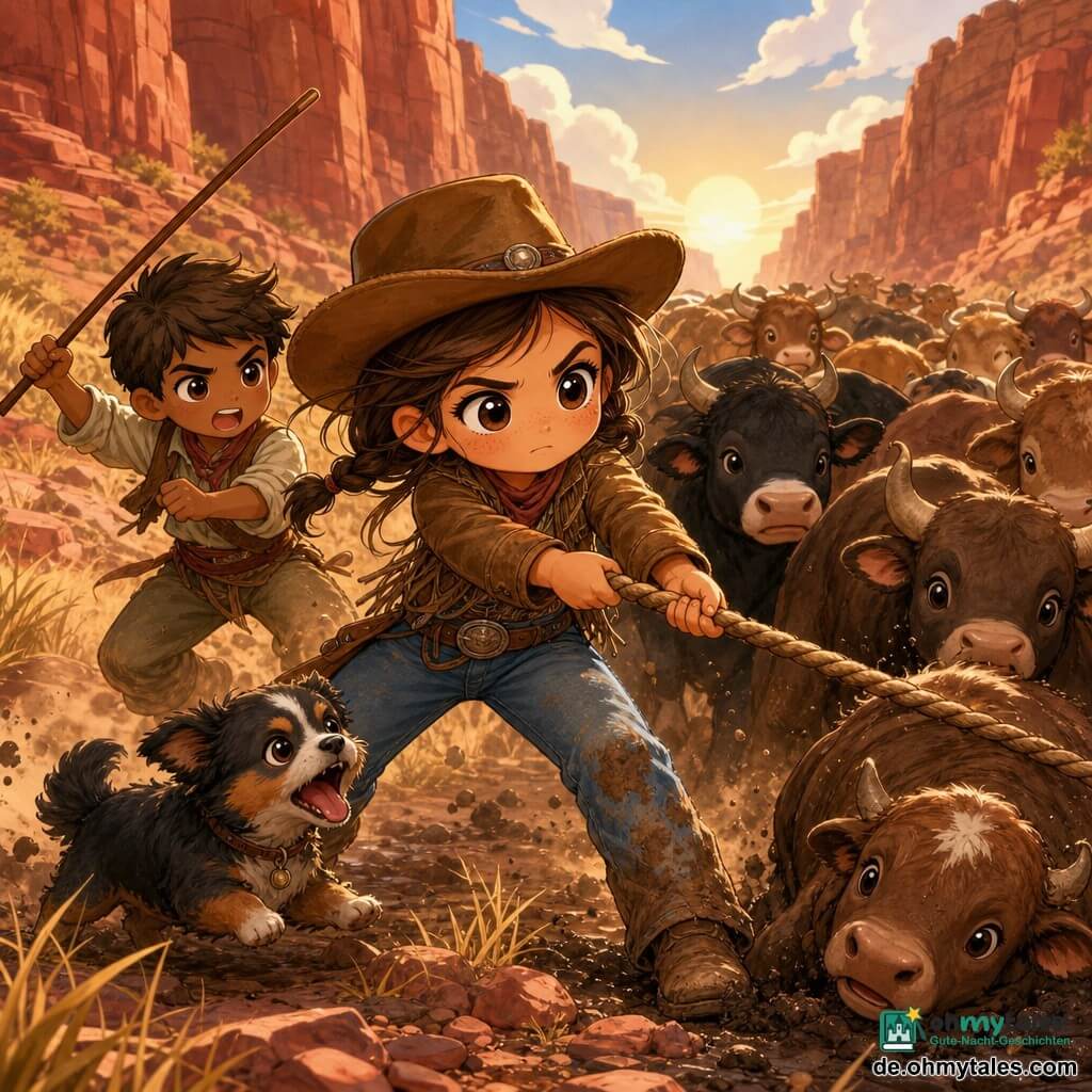 Junge Cowgirl, entschlossen und ausdrucksvoll, rundes Gesicht, große glänzende Augen, Sommersprossen, brauner Filzhut, abgenutzte Lederjacke, staubige Jeans, mit schlammigen Knien zieht sie an einem Seil, um ein feststeckendes Kalb zu befreien; ein etwa 12‑jähriger Junge mit kurzen braunen Haaren und einfachem Treiberkluft schlägt links hinten mit einem Stock den Boden, angestrengter Blick; kleiner, wuscheliger Rüde bellt beschützend an ihren Füßen; mehrere rundliche Rinder und ein junges braunes‑schwarzes Kalb stehen und liegen um sie; enge Schlucht aus roten Felsen, kantige Steine, gelb getrocknetes Gras, halb bewölkter Himmel mit tief stehendem Sonnenscheibe, aufgewirbelter Staub um die Hufe; Nachmittagsszene, spannungsgeladene Rettung, gespanntes Seil, arbeitende Muskeln, goldenes Licht; farbenfroher Stil mit dicken Strichen, klaren Konturen, weichen Texturen und empathischen Blicken, Komposition zentriert auf die Cowgirl.