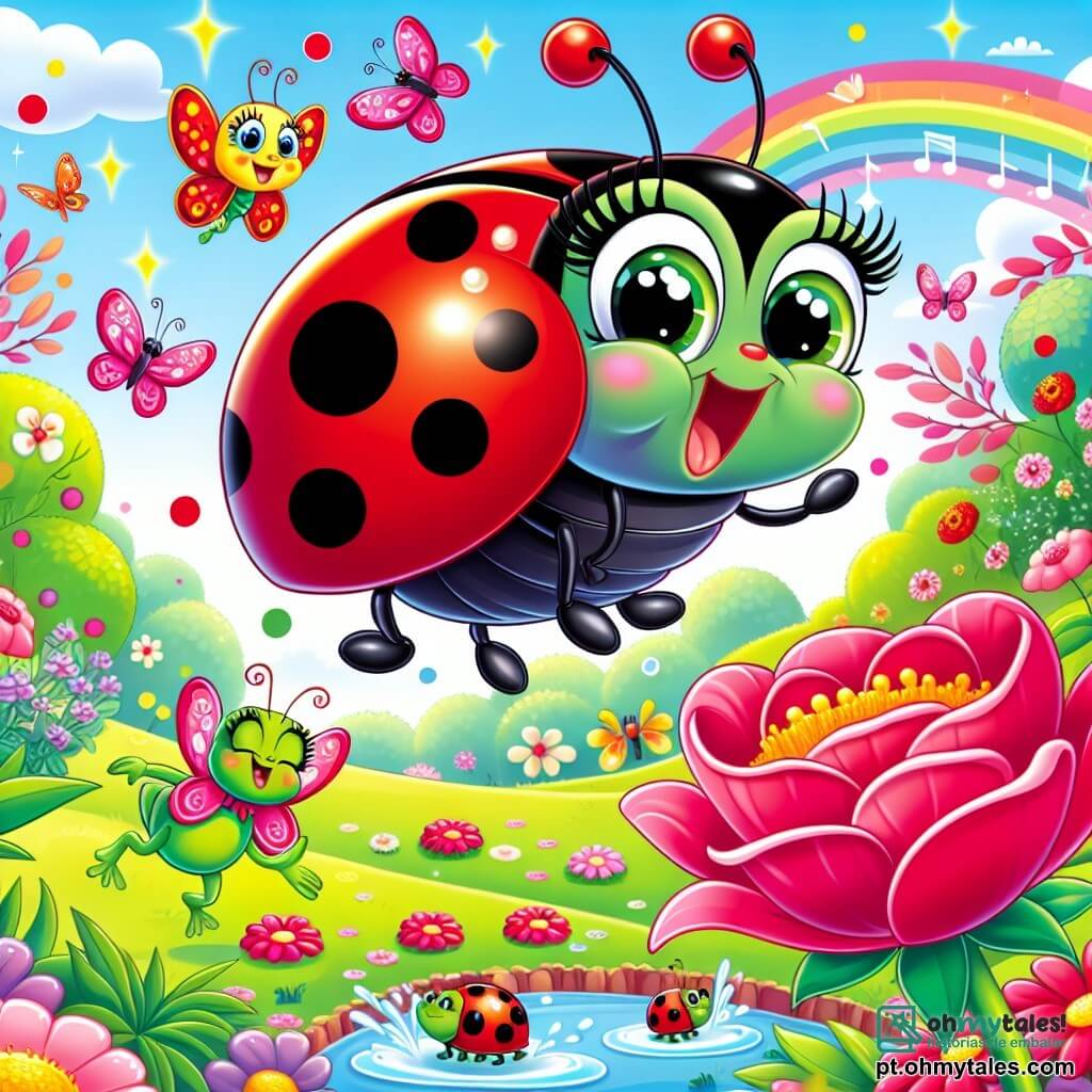 Uma pequena joaninha chamada Lúcia, com um corpo vermelho vivo salpicado de manchas pretas, voa alegremente sobre um jardim colorido, suas antenas vibrantes mostrando seu entusiasmo. Ela tem grandes olhos brilhantes que expressam sua curiosidade e felicidade enquanto descobre o mundo ao seu redor. Ao lado dela, uma pétala de rosa cantando, com tons de rosa vibrantes e sorrisos alegres, dança no ar, acrescentando um toque de magia à cena. Ao fundo, um sapo verde vivo, com olhos redondos e uma expressão alegre, salta em torno de uma pequena lagoa, suas patas ágeis criando respingos de água. O jardim está repleto de flores de todas as cores, borboletas voando e um céu azul claro, criando uma atmosfera encantada. A cena principal mostra Lúcia e seus amigos dançando juntos, celebrando sua amizade e a magia do jardim.