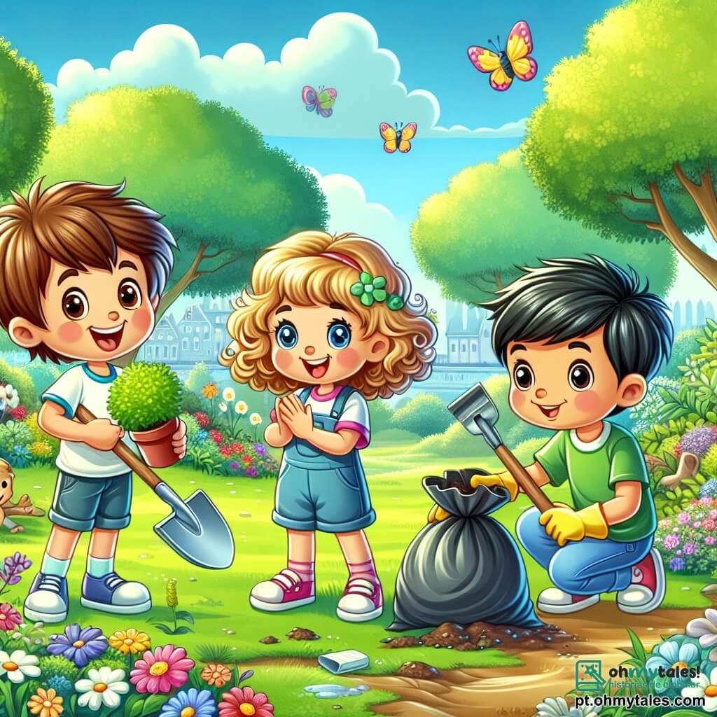 Em um parque verdejante, três crianças estão em plena ação. Lucas, um menino de sete anos com cabelo castanho bagunçado e um grande sorriso, segura uma pá e observa com entusiasmo uma pequena planta que acabou de plantar. Ao lado dele, Ana, uma menina de cabelo cacheado e dourado, usa luvas de jardinagem e aplaude alegremente, com os olhos brilhando de orgulho. Pedro, um menino com cabelo curto e preto, está agachado, recolhendo lixo em um saco de lixo, com uma expressão determinada no rosto. O parque está repleto de árvores majestosas, flores coloridas e um céu azul radiante, com algumas nuvens brancas flutuando. Pássaros cantam nos galhos e borboletas dançam ao redor das crianças, acrescentando um toque de magia à cena. As crianças trabalham juntas para limpar o parque e plantar árvores, demonstrando seu compromisso com a ecologia e a proteção da natureza. A atmosfera é alegre e cheia de energia, ilustrando a importância de cuidar do nosso planeta.