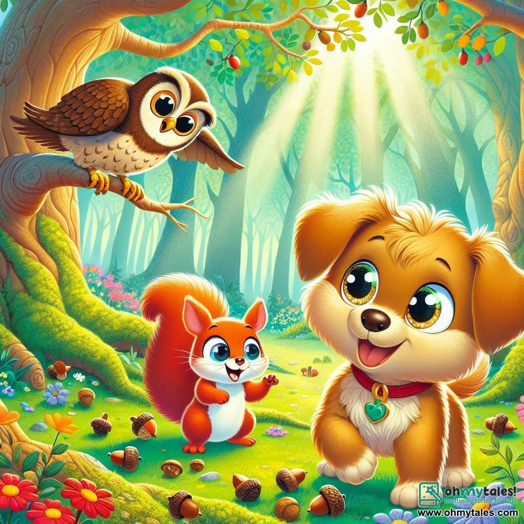 A small dog named Benny, with shiny golden fur and curious sparkling eyes, stands at the center of the scene, his tail wagging with excitement. Beside him is a wise owl named Oliver, with brown feathers and large round eyes, perched on a branch and observing Benny thoughtfully. A playful squirrel named Sally, with bright red fur and a fluffy tail, is joyfully jumping around Benny, her eyes sparkling with mischief. They are in an enchanted clearing surrounded by tall, gnarled trees and colorful flowers dancing in the wind. Sunbeams filter through the leaves, creating bright patterns on the soft moss-covered ground. Benny, Oliver, and Sally discover a treasure chest hidden under a large tree, filled with beautiful golden acorns. Benny's expression is one of wonder and joy, while Oliver and Sally share his enthusiasm, ready to explore this new mystery together.