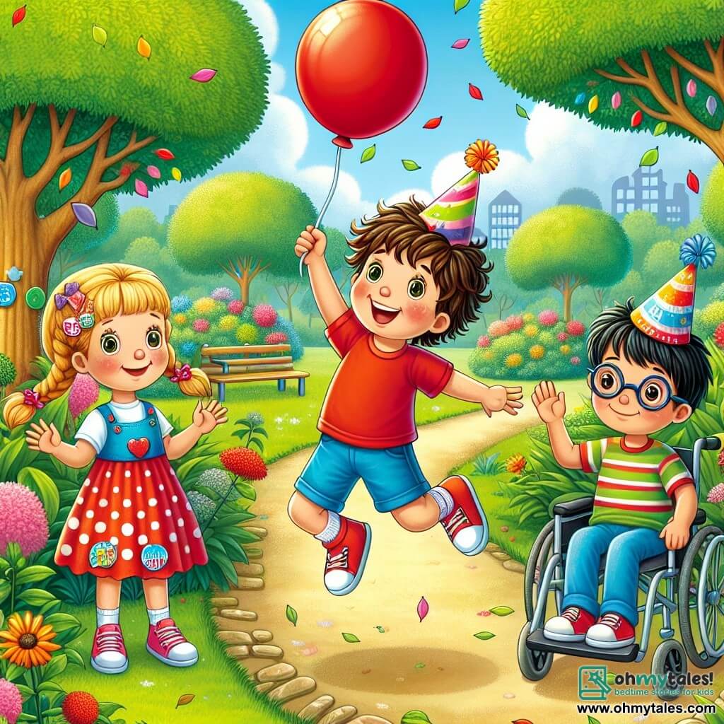 In a sunny park, three children are gathered to celebrate Benny's birthday. Benny, a 7-year-old boy with messy brown hair and sparkling eyes, is in the center, holding a red balloon and smiling widely. Mia, a 6-year-old girl with braided blonde hair and pink glasses, is to Benny's left, joyfully jumping with a party hat on her head. Sam, an 8-year-old boy with black hair and glasses, is sitting on a colorful sticker-adorned wheelchair to Benny's right, smiling and waving at his friends. The park is lush with large trees and colorful flowers lining the path, under a clear blue sky with fluffy white clouds, while a group of colorful butterflies flutters around the children. The main scene shows the children playing together, laughing and searching for a hidden treasure in the grass, with the red balloon floating happily above them.