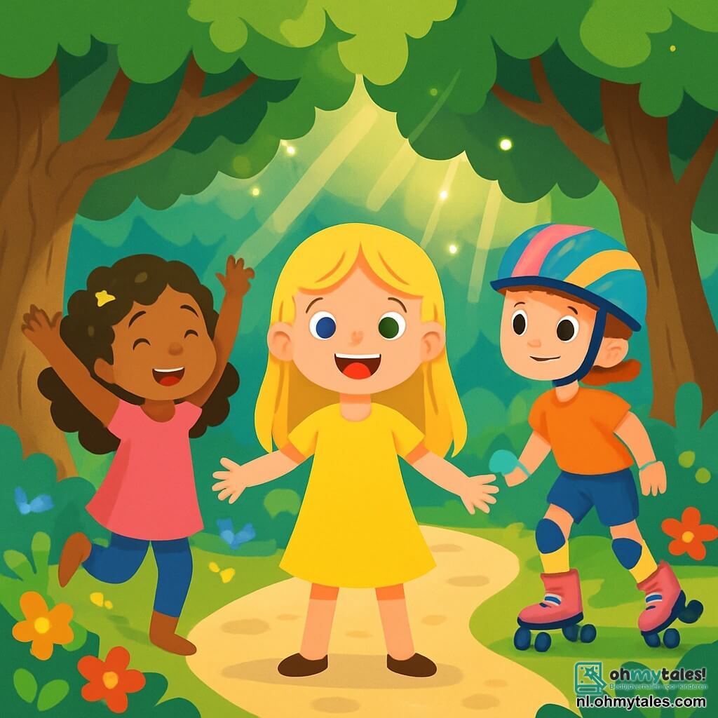 Er zijn 3 personages: - Noor: Een 8-jarig meisje met lang blond haar en sprankelende ogen. Ze draagt een heldergeel jurk en glimlacht vrolijk, staande in het midden van de afbeelding. - Lila: Een 7-jarig meisje met bruine krullen en fonkelende sterren in haar haar. Ze draagt een roze tuniek en danst om Noor heen met haar armen in de lucht. - Emma: Een 9-jarig meisje met kort haar en een kleurrijke fietshelm. Ze staat op haar rolschaatsen, klaar om vooruit te gaan, iets achter Noor aan de rechterkant. De locatie is een betoverd bos met grote bomen met knoestige stammen en stralend groene bladeren. Overal groeien kleurrijke bloemen, en een pad van glinsterende stenen slingert door het struikgewas. Zonnestralen filteren door de takken en creëren lichtflitsen in de lucht. De hoofdactie toont de drie meisjes vastberaden om de verloren kleuren van Regenboogdorp terug te vinden. Noor glimlacht moedig, Lila danst vrolijk, en Emma is klaar om te vertrekken, samen op avontuur.