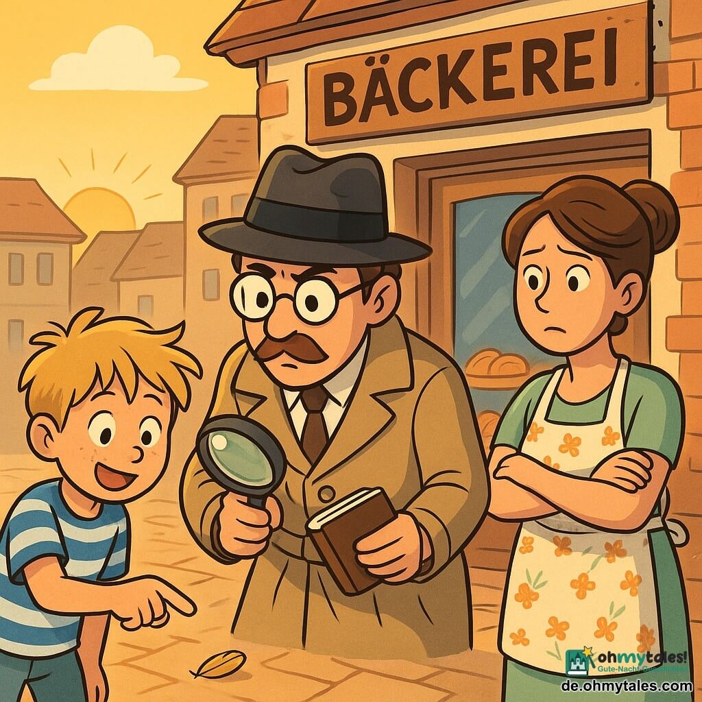 Ein Detektiv mit einem gepflegten Schnurrbart und runden Brillen steht entschlossen und neugierig im Mittelpunkt der Szene. Er trägt einen beigen Trenchcoat und einen schwarzen Hut, hält ein Notizbuch in einer Hand und eine Lupe in der anderen, während er den Boden aufmerksam untersucht. Rechts von ihm steht eine etwa 40-jährige Bäckerin mit braunen Haaren im Dutt und einer blumigen Schürze, die den Detektiv besorgt mit verschränkten Armen ansieht. Links von ihm zeigt ein 10-jähriger Junge mit zerzausten blonden Haaren und einem gestreiften T-Shirt auf eine kleine gelbe Feder auf dem Boden, seine Augen leuchten vor Aufregung. Die Szene spielt vor einer malerischen Bäckerei mit einem Schaufenster voller köstlicher Backwaren und einem hölzernen Schild über der Tür. Die Sonne geht am Horizont auf und wirft ein sanftes goldenes Licht auf die Straßenpflaster. Die Hauptsituation zeigt den Detektiv bei seiner Untersuchung von Hinweisen, die ein mysteriöser Kuchendieb hinterlassen hat, während die Bäckerin und der Junge ihn hoffnungsvoll und neugierig beobachten.