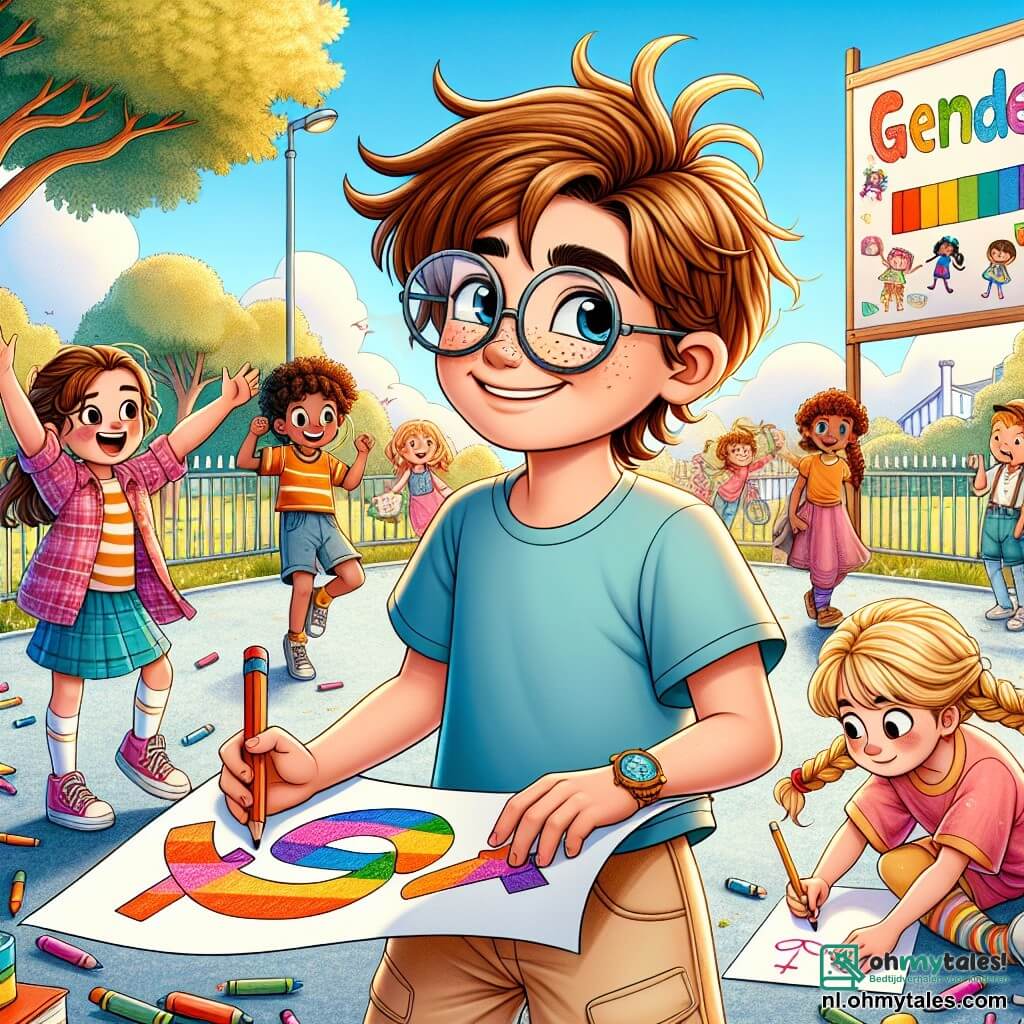 Een 12-jarige jongen, Timo, met rommelig bruin haar en ronde bril, staat in het midden van de afbeelding, enthousiast lachend. Hij draagt een blauwe t-shirt en een beige short, en houdt een kleurrijk bord vast met de tekst "Samen winnen voor gelijkheid!" in vrolijke letters. Aan zijn rechterkant staat zijn zus Emma, een 10-jarig meisje met gevlochten blond haar en een roze jurk, die haar armen in de lucht steekt als teken van overwinning, vol energie en optimisme. Aan zijn linkerkant is Lisa, een 11-jarig meisje met krullend haar en een bril, die geconcentreerd een nieuwe poster aan het tekenen is op een groot vel papier. De setting is een zonnige schoolyard, omringd door groene bomen en kleurrijke bloemen, met spelende kinderen op de achtergrond. Achterin is een informatiebord te zien, versierd met hun posters over gendergelijkheid. De hoofdscène toont Timo en zijn vrienden die een activiteit voorbereiden om gelijkheid tussen jongens en meisjes te bevorderen, vol enthousiasme en vastberadenheid.