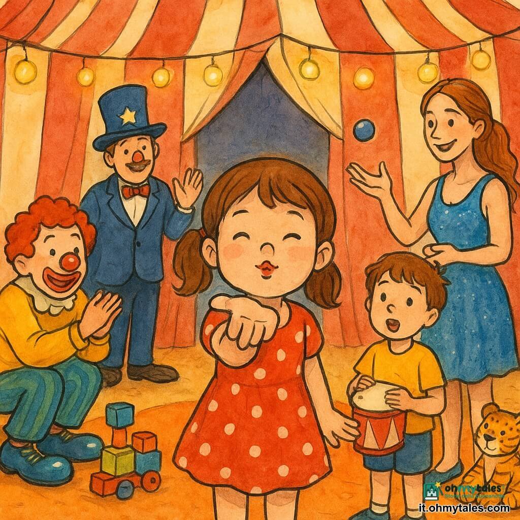 Lina, una bambina di 4 anni al centro della scena, sorridente e commossa, capelli castani raccolti, vestito rosso a pois bianchi, manda un grande bacio col mano al pubblico; a sinistra Pino, un clown adulto con capelli rossi e naso tondo, accovacciato, ride e applaude con scarpe grandi lucide; a destra Mia, una giocoliera di circa 25 anni in abito di paillettes blu, tiene una piccola palla lanciata dolcemente a Lina; dietro Lina Sam, un bimbo di 6 anni, tiene un tamburo rosso, sorpreso e felice; sullo sfondo il direttore con un grande cappello stellato saluta vicino all'entrata del tendone; il chapiteau è accogliente con grandi tendaggi rosso e bianco, lanterne sospese che diffondono luce soffusa, un tappeto arancione circolare e alcune scatole colorate e un orsacchiotto-tigre decorativo: un momento di festa e tenerezza mentre Lina riceve gli applausi.