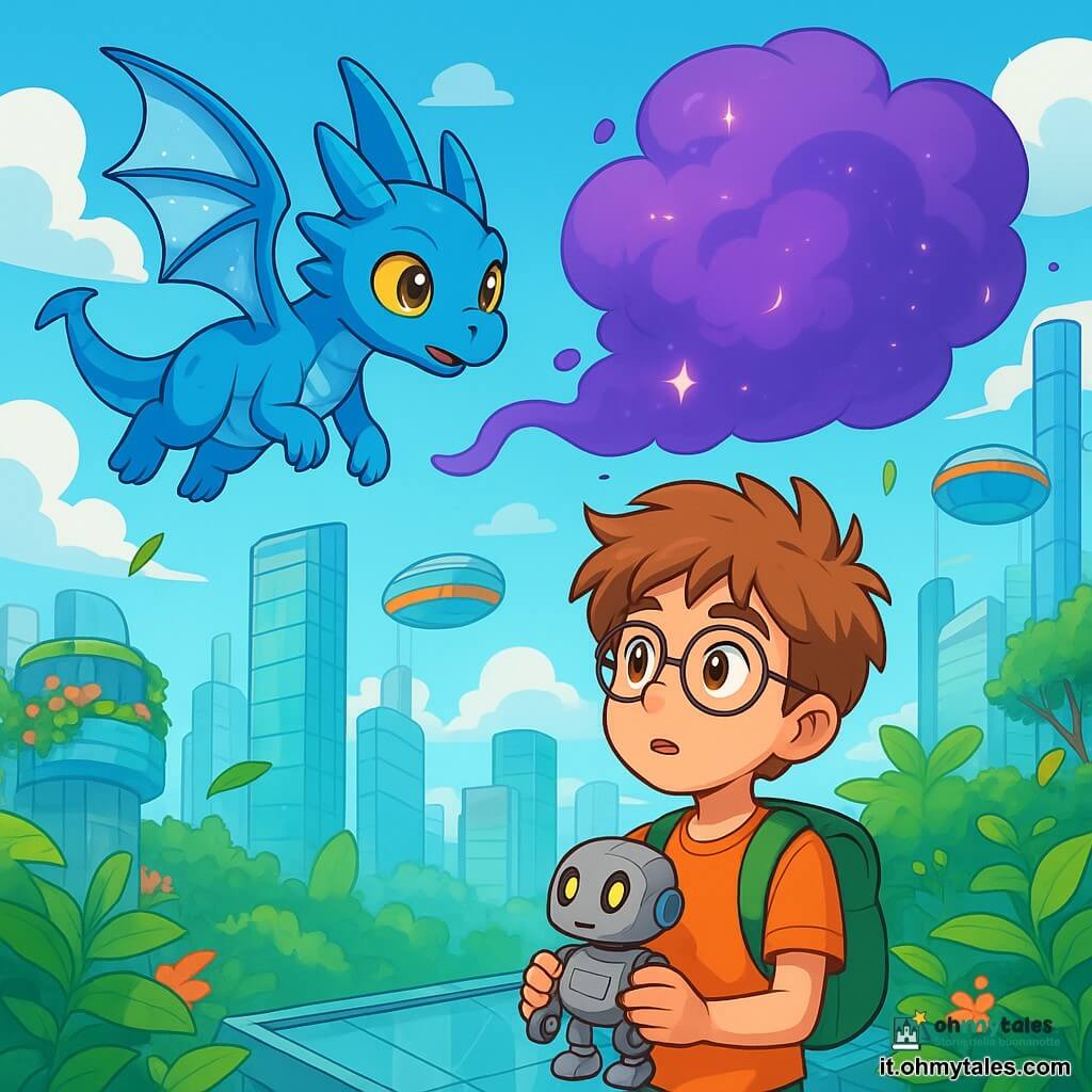 Luma, un piccolo drago blu dagli occhi dorati brillanti, vola entusiasta nel cielo, con le sue ali trasparenti che scintillano al sole. Ha un'espressione curiosa e determinata, pronto a esplorare l'ignoto. Accanto a lui, Sam, un giovane ragazzo dai capelli arruffati e occhiali rotondi, osserva la nuvola viola con un'espressione di meraviglia e preoccupazione. Tiene un piccolo robot di metallo tra le mani, in piedi su un tetto di vetro, circondato da piante verdi e colorate. Il luogo è una città futuristica, con grattacieli di vetro che si ergono verso il cielo, giardini pensili pieni di fiori vivaci e capsule fluttuanti che circolano tra gli edifici. La scena principale mostra Luma e Sam di fronte alla misteriosa nuvola viola che si avvicina lentamente, emettendo luci scintillanti, mentre il vento fa danzare le foglie degli alberi intorno a loro.