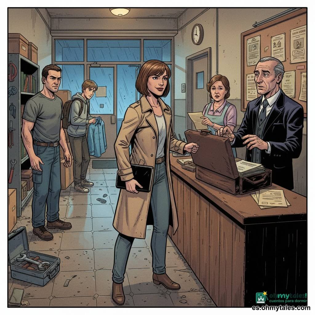 Detective mujer de unos 35 años, mirada decidida y serena, pelo castaño corto en un corte práctico, abrigo beige ligeramente arrugado, cuaderno negro en la mano; abre de un tirón el armario de limpieza y observa la escena con una sonrisa profesional y ojos penetrantes. Hombre mayor (don Roque, ~60 años), rostro arrugado, traje oscuro impecable, corbata apretada, maletín de cuero abierto sobre el mostrador, expresión sorprendida y culpable, manos inmóviles sobre los papeles. Técnico de mantenimiento (Julián, ~40 años), camiseta gris manchada de aceite, manos ásperas, gira la cabeza hacia el maletín con ira e incredulidad, junto a una estantería de herramientas a la izquierda de la detective. Joven (Nico, ~20 años), capucha gris y mochila, rostro tímido y sonrojado, retrocedido junto a cajas en el pasillo, mirando al suelo donde una pequeña huella de barro gris conduce a la puerta. Portera (Inés, ~50 años), vestido sencillo y delantal, manos sobre el mostrador, rostro aliviado pero cansado, detrás de la recepción observando la escena. Otro vecino (Mateo, ~25 años), ropa informal, sostiene una camisa azul grande doblada y acaba de recoger un viejo documento amarillento del mostrador, mostrando el papel con emoción y esperanza. Vestíbulo antiguo del edificio con suelo de baldosas gastadas y húmedas, caseta con mostrador de madera pintada, tablón de anuncios manchado, caja metálica de herramientas abierta con una llave fija dentro y lluvia visible en la puerta de cristal trasera. Situación: confrontación tranquila tras el hallazgo de la llave y el documento por la detective; tensiones y expresiones marcadas sin violencia, composición centrada en la detective y el maletín abierto, líneas del pasillo y contraste de colores cálidos con reflejos azulados de la lluvia.