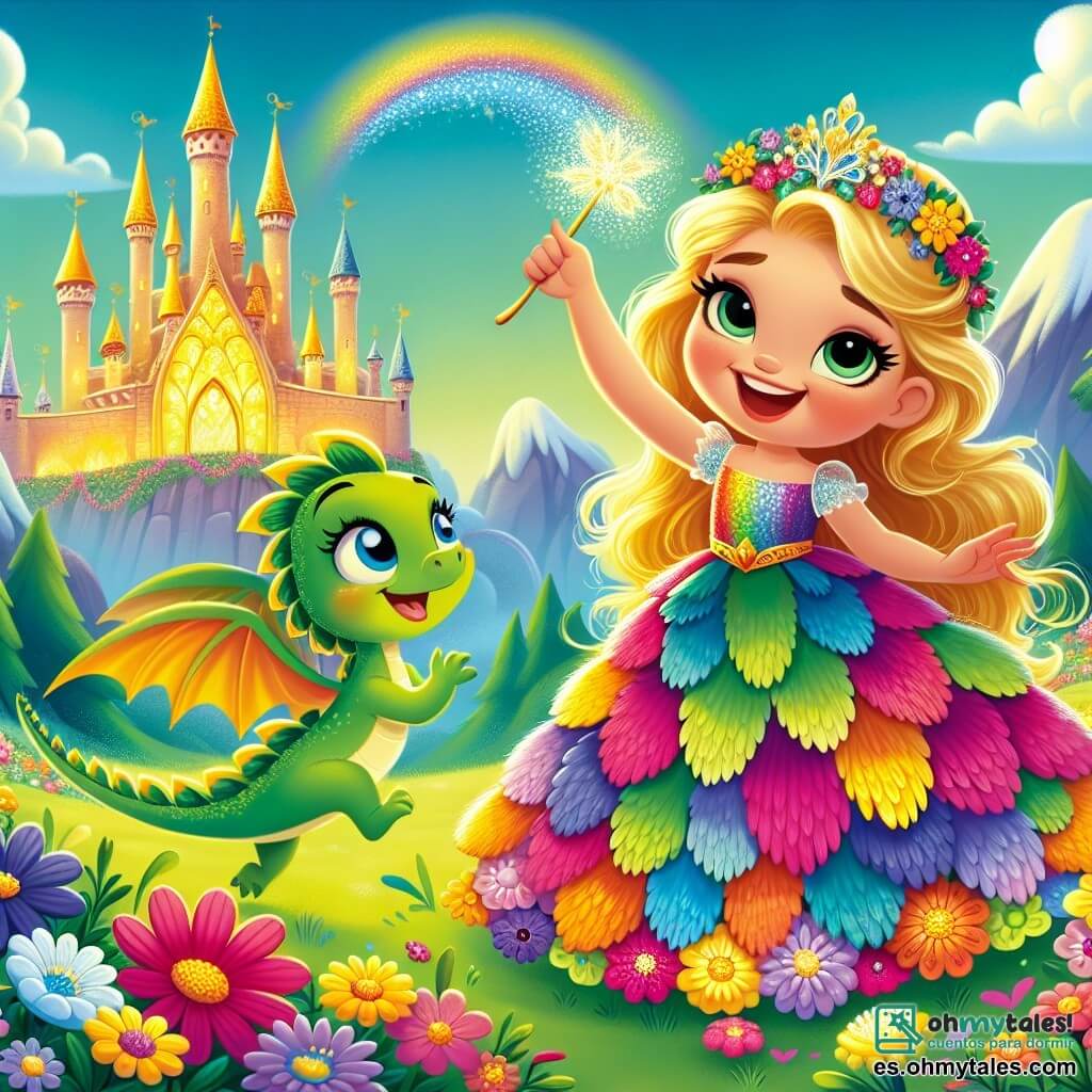 Una princesa llamada Valeria, de aproximadamente 8 años, con largos cabellos dorados y un vestido de pétalos de flores multicolores, se encuentra en el centro, con los ojos brillantes de emoción y una radiante sonrisa en su rostro. A su lado, un pequeño dragón verde, amigable y travieso, con escamas brillantes y grandes ojos curiosos, vuela en el aire, listo para ayudarla. Al fondo, se alza majestuosamente un castillo dorado, rodeado de montañas verdes y nubes esponjosas. La escena transcurre en un claro encantado, donde flores coloridas bailan al ritmo del viento. Valeria, decidida y alegre, empuña su varita de luz, lista para proteger su reino del ladrón de la corona mágica.