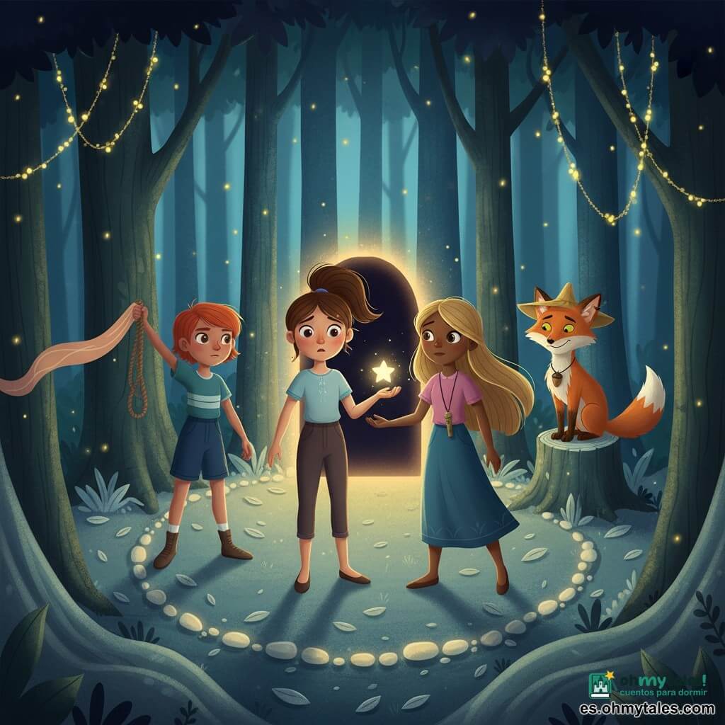 Hay cuatro personajes: Luna, niña de unos 10 años, cabello castaño en cola, ojos grandes y preocupados, en el centro con una pequeña estrella brillante en la palma; Vera, niña de ~10 años, pelo corto y pelirrojo, gesto decidido, a la izquierda sosteniendo una cuerda alzada; Mar, niña de ~10 años, pelo largo y rubio, sonrisa suave, a la derecha sujetando la mano de Luna y una pequeña flauta de bambú colgada del cuello; y un zorro guía llamado Brinco, pelaje rojizo, ojos pícaros, con una hoja-sombrero y una bellota al cuello, ligeramente atrás sobre una tocona mirando con ternura. Lugar: un bosque susurrante estilizado — senda de hojas plateadas, árboles altísimos de troncos texturados, luciérnagas amarillas como guirnaldas, claro circular con un anillo de piedras luminosas y una puerta de sombra negra enmarcada por luz suave. Situación: las tres niñas acaban de abrir la Puerta de la Noche; Luna sostiene la estrella encendida mientras las otras la apoyan; la atmósfera es a la vez misteriosa y reconfortante, con sombras suaves como paños y la luz de la estrella proyectando reflejos cálidos en los rostros; composición centrada, colores ricos (azules profundos, verdes abeto, acentos dorados).