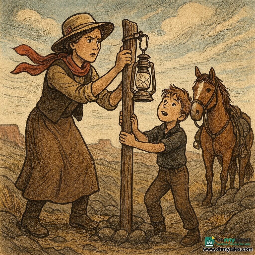 Mara, a determined yet gentle-faced woman with focused eyes and a tan hat showing a small inner patch and a red scarf blown by the wind, plants a wooden post into rocky ground with calloused hands, dusty boots, a practical dress and vest and a solid, reassuring stance; beside her stands about ten-year-old Toby, breathless and wide-eyed, messy hair, in stable-boy clothes holding the post base and watching the lantern to be hung; behind them the chestnut horse Juniper with a white forehead mark, worn saddle and saddlebags of extra lanterns, ears alert and hooves on the rock; setting: Windy Ridge’s craggy gray stones and yellow grass tufts, red mesas on the horizon and a bright sky with low streaked clouds; focal object: a tin lantern hanging and gently swaying with clear glass, rope and a fabric protector, small ring of stones at the post base; mood: strong wind lifting scarves and grass, fine dust sparkling in warm late-afternoon ochre, rust and gray tones contrasted by the red scarf and shiny metal.