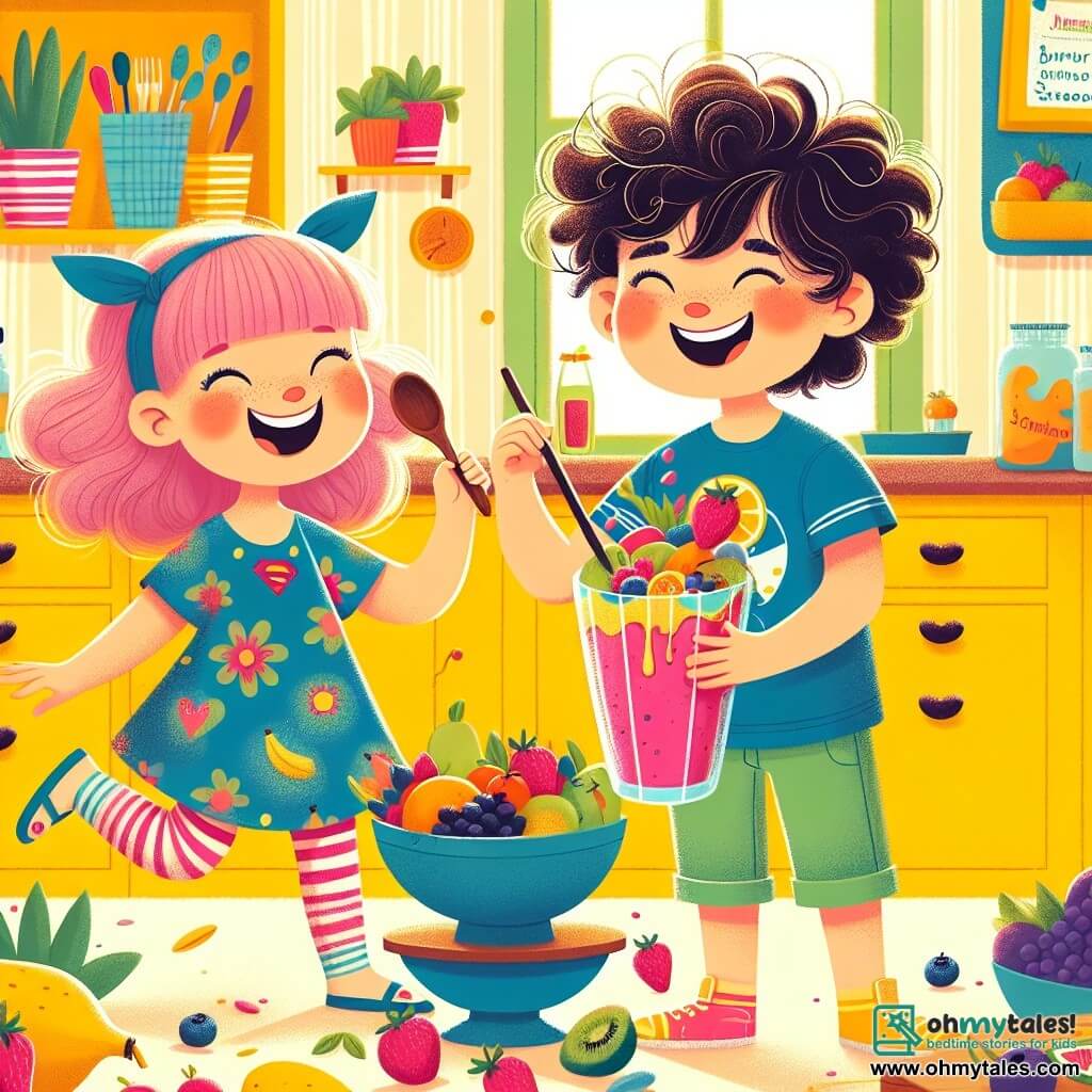 A 7-year-old boy, Leo, with curly, tousled hair, joyfully smiles while holding a large glass of colorful smoothie filled with fresh fruits. He wears a blue t-shirt with a superhero design and mismatched socks, reflecting his vibrant personality. Next to him is Mia, a 7-year-old girl with pink pigtails, laughing as she holds a wooden spoon, ready to mix ingredients in a bowl. She is wearing a floral dress and colorful sandals. In the background, a bright and welcoming kitchen can be seen, with yellow walls, shelves filled with cookbooks, and fresh fruits on the counter. The scene depicts Leo and Mia preparing a smoothie together, surrounded by laughter and good cheer, illustrating the theme of friendship and creativity in the face of challenges.
