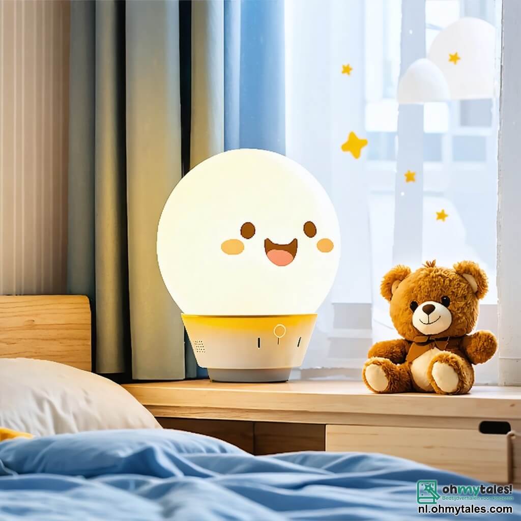 Een kleine bolvormige lamp, met een zachte gouden gloed, straalt in het midden van de scène en toont een blije en zelfverzekerde uitdrukking. De ronde lijnen en de warme gloed creëren een uitnodigende sfeer. Naast de lamp zit een schattige teddybeer met een bruine vacht en sprankelende ogen, die breed glimlacht met open armen, alsof hij de lamp aanmoedigt. Hij zit op het bed, omringd door kleurrijke kussens, en lijkt vol energie en vreugde. Een groene plant met glanzende bladeren, geplaatst op het bureau, leunt iets naar de lamp toe, waarbij de ritselende bladeren haar enthousiasme verraden. Ze heeft een vriendelijke en aanmoedigende uitdrukking, alsof ze de moed van de lamp applaudisseert. De scène speelt zich af in een warme kinderkamer, met pastelgekleurde muren, fonkelende sterren aan het plafond en speelgoed verspreid over de vloer, wat een magische en troostende sfeer creëert. De lamp, omringd door zijn vrienden, verlicht de kamer met zijn zachte licht en beseft dat hij speciaal en belangrijk is om het moment vrolijk en feestelijk te maken, terwijl zijn vrienden hem aanmoedigen om te stralen.