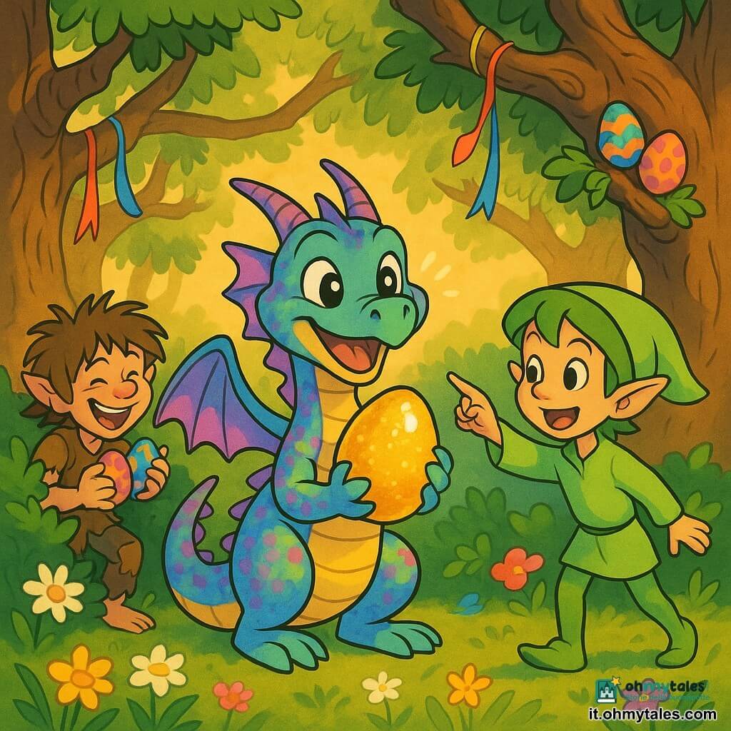 Un piccolo drago di nome Fiammetta, dalle squame iridescenti color arcobaleno e ali sottili, sorride tenendo tra le zampe un grande uovo d'oro scintillante; dietro di lei a destra c'è Lumino, un elfo minuto dalla pelle chiara e capelli corti verdi con una veste leggera, gioioso e che indica altri uova nascoste tra i rami; a sinistra un folletto birichino, piccolo con capelli arruffati e abiti a toppa, tiene mani piene di uova colorate nascondendosi in un cespuglio; la scena è una radura di foresta incantata punteggiata di fiori primaverili, alberi ampi con nastri colorati e raggi di sole dorati che filtrano tra le fronde, atmosfera gioiosa, colori vivaci e luce calda.