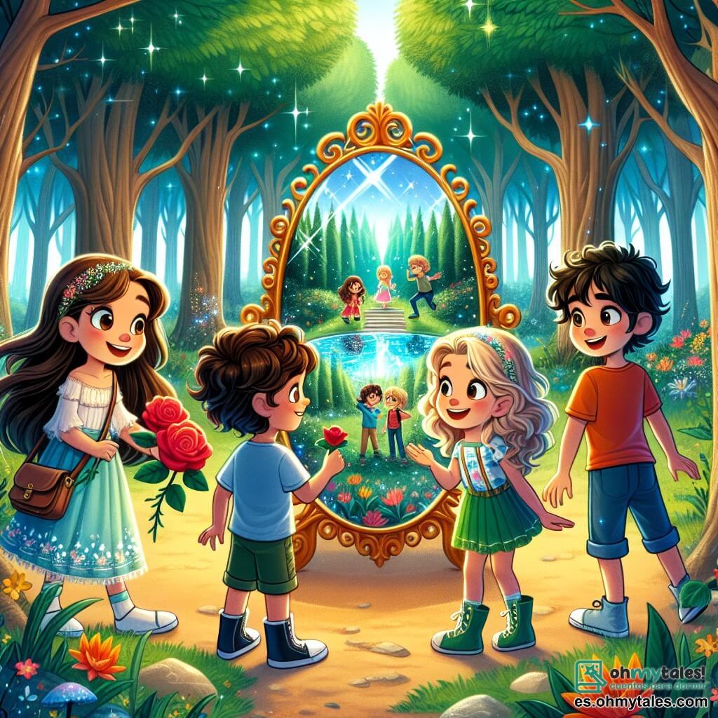 En un claro de bosque mágico, cuatro amigos están juntos. A la izquierda, **Clara**, una niña de 10 años con largos cabellos castaños y ojos brillantes, sonríe sosteniendo una rosa roja. Junto a ella, **Lucas**, un niño de 11 años con cabello rizado y una camiseta azul, mira fascinado un gran espejo encantado. Un poco más atrás, **Sofía**, una niña de 9 años con cabello rubio y gafas redondas, observa un lago cristalino con curiosidad. Finalmente, a la derecha, **Mateo**, un niño de 10 años con cabello negro y un pantalón corto verde, juega con niños imaginarios, construyendo un castillo de arena. El claro es luminoso, rodeado de árboles majestuosos que se elevan hacia el cielo, con hojas brillando como estrellas al sol. Un lago azul refleja el cielo, creando una atmósfera mágica. La situación principal muestra a los cuatro amigos descubriendo sus verdades interiores, cada uno explorando una lección de vida única, inspirados por la magia del paisaje que los rodea.