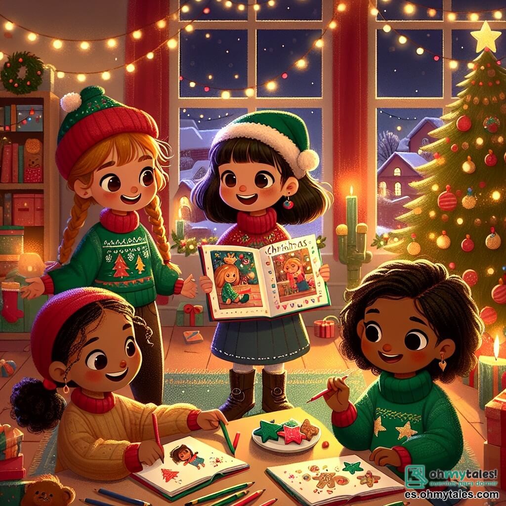 En una acogedora casa decorada para Navidad, vemos a cuatro chicas alegres. Sofía, una niña de nueve años con grandes ojos marrones y cabello rizado, sostiene un álbum hecho a mano con una gran sonrisa, de pie en el centro. A su derecha, Carla, otra niña de nueve años con cabello rubio trenzado, lleva un gorro navideño rojo y mira el álbum con asombro. A la izquierda, Ana, también de nueve años, tiene cabello castaño y lleva un suéter verde con un patrón de árbol de Navidad, sosteniendo un plato de galletas navideñas en forma de estrellas. Finalmente, Lucía, una niña de nueve años con cabello negro y liso, está sentada en el suelo, rodeada de crayones de colores, dibujando ilustraciones alegres para el álbum. La escena transcurre en una sala cálida, donde las paredes están adornadas con guirnaldas luminosas y un gran árbol de Navidad decorado brilla en una esquina, iluminado por bolas de colores y estrellas doradas. Una chimenea arde suavemente, añadiendo un ambiente acogedor. Las chicas se han reunido para regalarle a la abuela de Sofía un álbum de recuerdos lleno de dibujos y cartas, celebrando el espíritu navideño y el amor de la amistad.