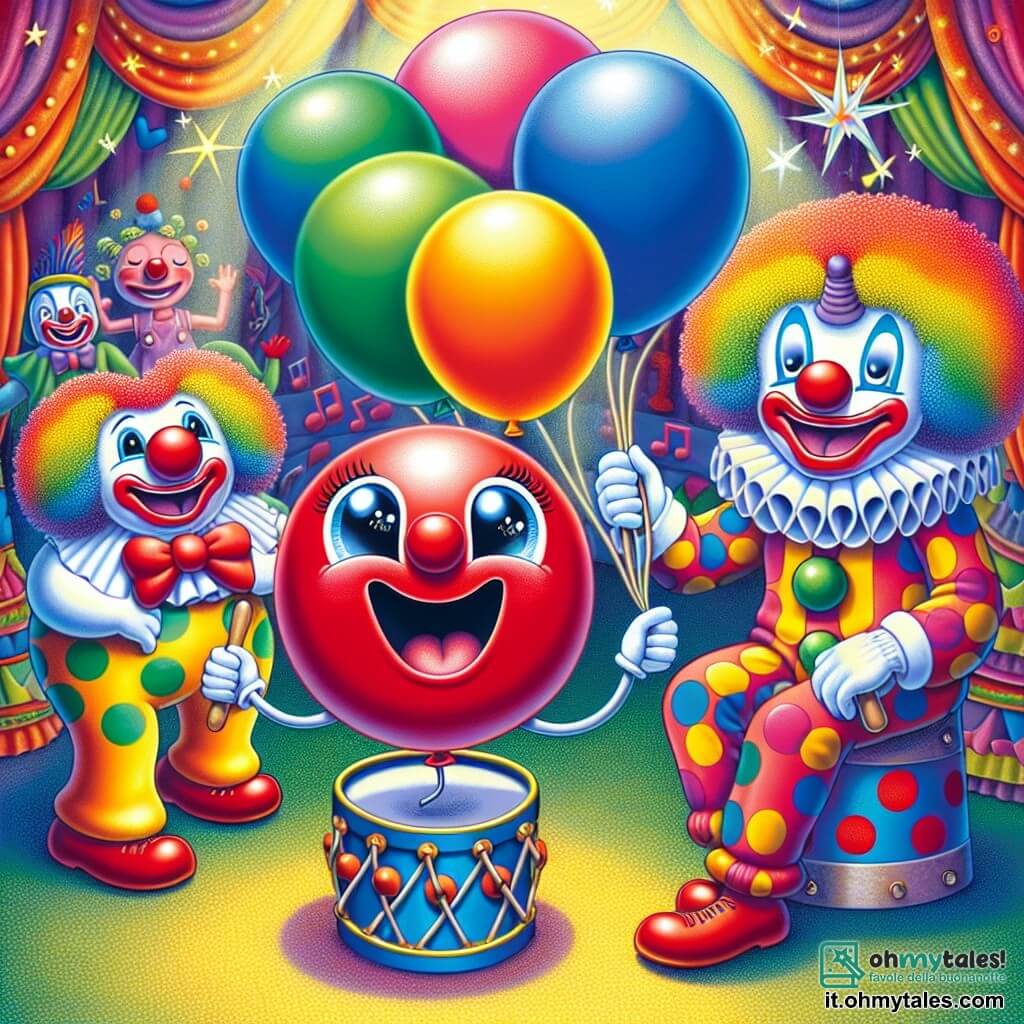 Al centro dell'immagine, un piccolo palloncino rosso di nome Poppy, con un grande sorriso e occhi scintillanti, fluttua gioiosamente nell'aria, circondato da colori vivaci. Ha braccia di filo di ferro che si estendono verso gli altri personaggi, mostrando il suo entusiasmo e la sua determinazione ad aiutare. A destra, un clown con capelli ricci e multicolori, che indossa un naso rosso e una grande camicia a pois, ride di cuore mentre tiene una grande palla blu. Il suo viso è illuminato da un ampio sorriso, mostrando la sua felicità di fronte all'avventura. A sinistra, un tamburino blu con grandi occhi brillanti, seduto su un tamburo gigante, batte gioiosamente il tempo, aggiungendo un tocco musicale alla scena. Sembra entusiasta di partecipare alla ricerca delle palle perdute. Lo sfondo è quello di una tendone da circo colorato, pieno di luci scintillanti e decorazioni vivaci. Stelle brillano sopra, e giocattoli danzano intorno, creando un'atmosfera magica e festosa. La scena principale mostra Poppy e i suoi amici clown intenti a cercare palle da giocoleria nella tenda delle meraviglie, circondati da giocattoli animati, tutti uniti in una ricerca gioiosa e piena di risate.