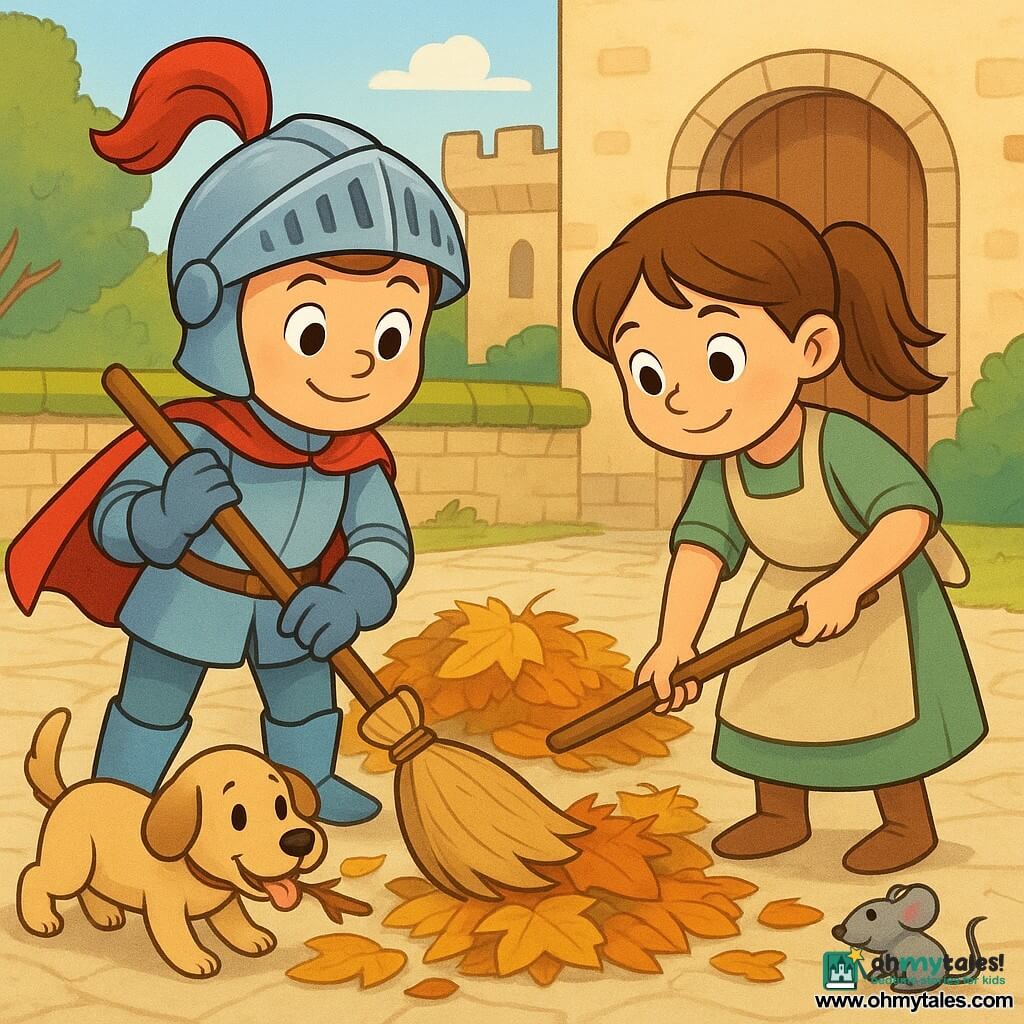 A smiling brave young boy knight with a shiny silver helmet topped by a red plume, light blue armor, short red cape, holding a wooden broom with both hands and sweeping golden leaves; expressive face, large round eyes, gentle smile and determined posture; a nine-year-old girl squire with chestnut ponytail in a simple green dress and apron stands to his right, leaning forward with a large soft broom helping gather a pile of leaves; a small beige mutt named Daisy with a floppy ear and tongue out gently tugs a small branch near the knight’s feet; a shy grey mouse peeks near a lifted leaf; the sunny castle courtyard has pale paving, a mossy stone wall, piles of yellow-orange-brown leaves, some twigs, distant open wooden castle doors and green trees; the scene shows them cleaning together, joyful and collaborative, with warm colors, soft rounded lines, clear contrasts and a composition centered on the characters expressing gentle effort and quiet pride.