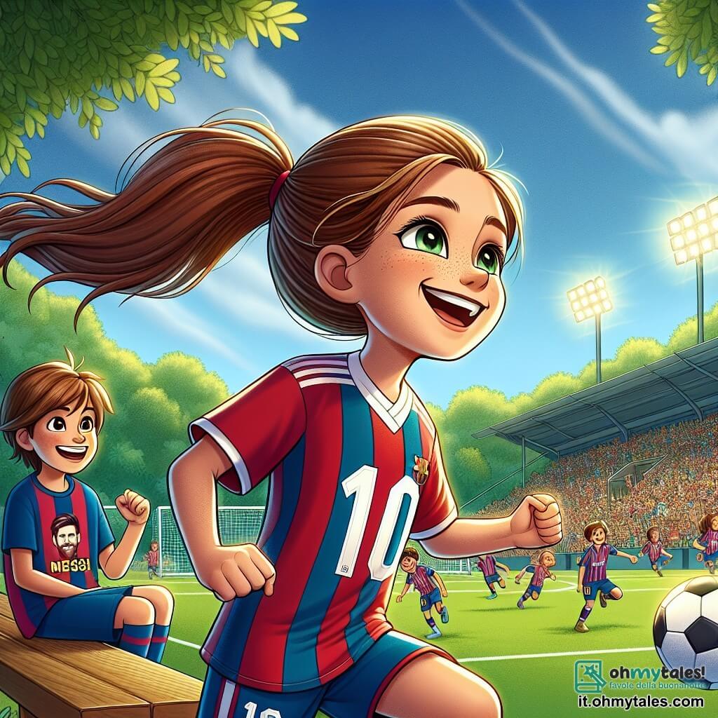 Al centro dell'immagine, Sofia, una ragazza di 12 anni, è rappresentata con lunghi capelli castani legati in una coda di cavallo. Indossa una maglietta da calcio rossa con il numero 10 e un grande sorriso sul volto, mostrando la sua determinazione e gioia mentre dribbla il pallone sul campo. Alla sua destra, Luca, un ragazzo di 8 anni, la guarda con ammirazione, indossando una maglietta di Messi e pantaloni corti blu, con gli occhi che brillano di eccitazione. È seduto su una panchina di legno, pronto a incoraggiare Sofia. Lo sfondo è uno stadio vibrante, pieno di sostenitori con sciarpe e striscioni colorati, con alberi verdi sullo sfondo e un cielo blu brillante. In basso a sinistra, si vede il pallone da calcio che rotola verso Sofia, mentre le compagne di squadra sullo sfondo si preparano ad applaudire. La scena cattura il momento in cui Sofia, piena di energia, si appresta a segnare un gol decisivo, incarnando lo spirito di squadra e la passione per il calcio.