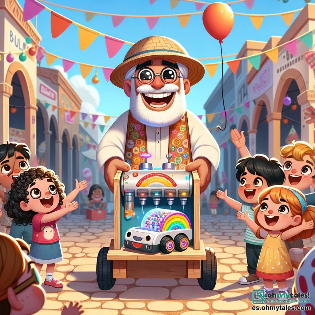 Un hombre de unos 50 años, con una amplia sonrisa y ojos llenos de curiosidad, lleva un sombrero de paja y un chaleco colorido lleno de pequeños bolsillos. Está mostrando orgullosamente su invento, un pequeño vehículo colorido que parece impulsado por sonrisas, a un grupo de niños maravillados. Entre ellos, una niña de 8 años con cabello rizado y gafas redondas, que levanta los brazos riendo, y un niño de 7 años con una gorra al revés, que señala el vehículo exclamando de alegría. La escena tiene lugar en una plaza animada de un pequeño pueblo, rodeada de coloridos puestos de la Feria de las Ideas, con globos flotantes y guirnaldas de papel que bailan al viento. En el centro de la ilustración, el hombre y los niños están reunidos alrededor del Auto-Risueño 3000, el vehículo que avanza gracias a la energía de las sonrisas, creando una atmósfera alegre y mágica, llena de creatividad y entusiasmo.