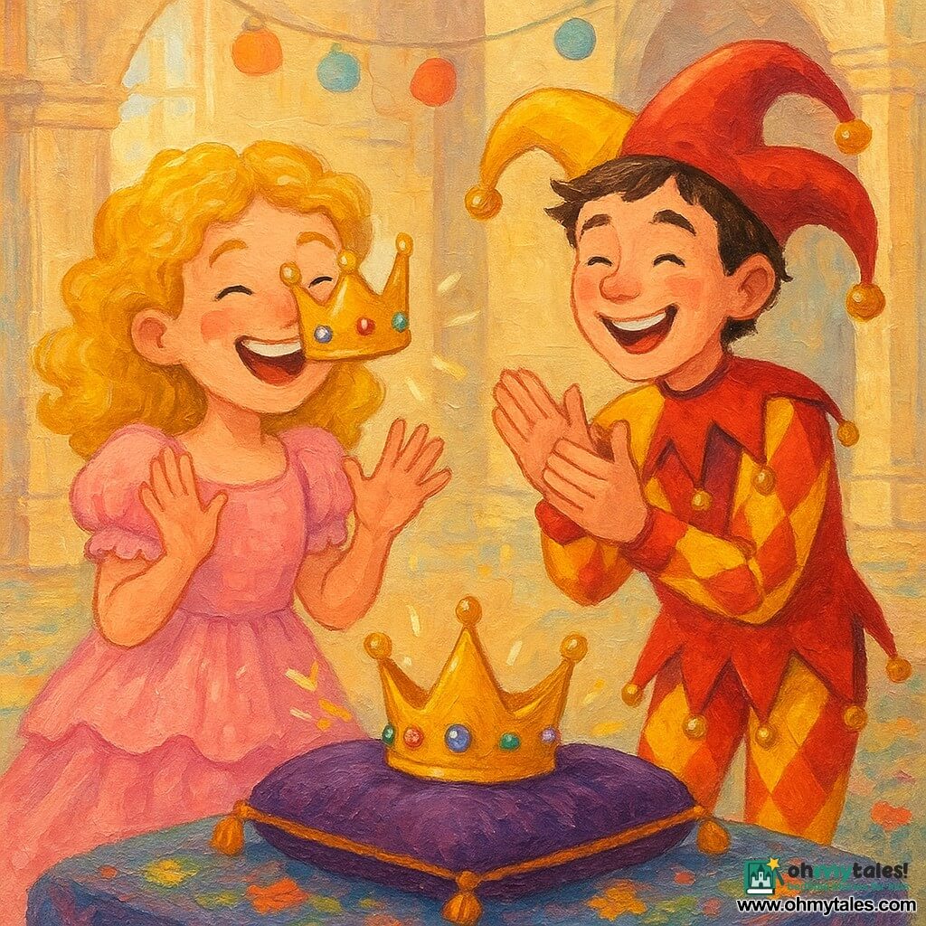 A delighted, laughing princess girl with curly blonde hair in a dusty-pink ruffled dress balances a shiny crown on her nose, eyes squinted and cheeks rosy; Jingle, a boyish jester about 12 in a red-and-yellow harlequin costume with ankle bells, stands to her right clapping and laughing. A golden crown decorated with rainbow pearls rests on a purple velvet cushion and appears to slide, sending comic sparks. The scene is a warm-lit grand palace hall with pale stone walls, a wildflower carpet, sculpted columns and colorful lantern garlands. The mood is joyful and exuberant, motion captured as glowing laughter bubbles around them; palette in pastels with golden highlights and a textured brush to render fabric, velvet and sparkling metal.