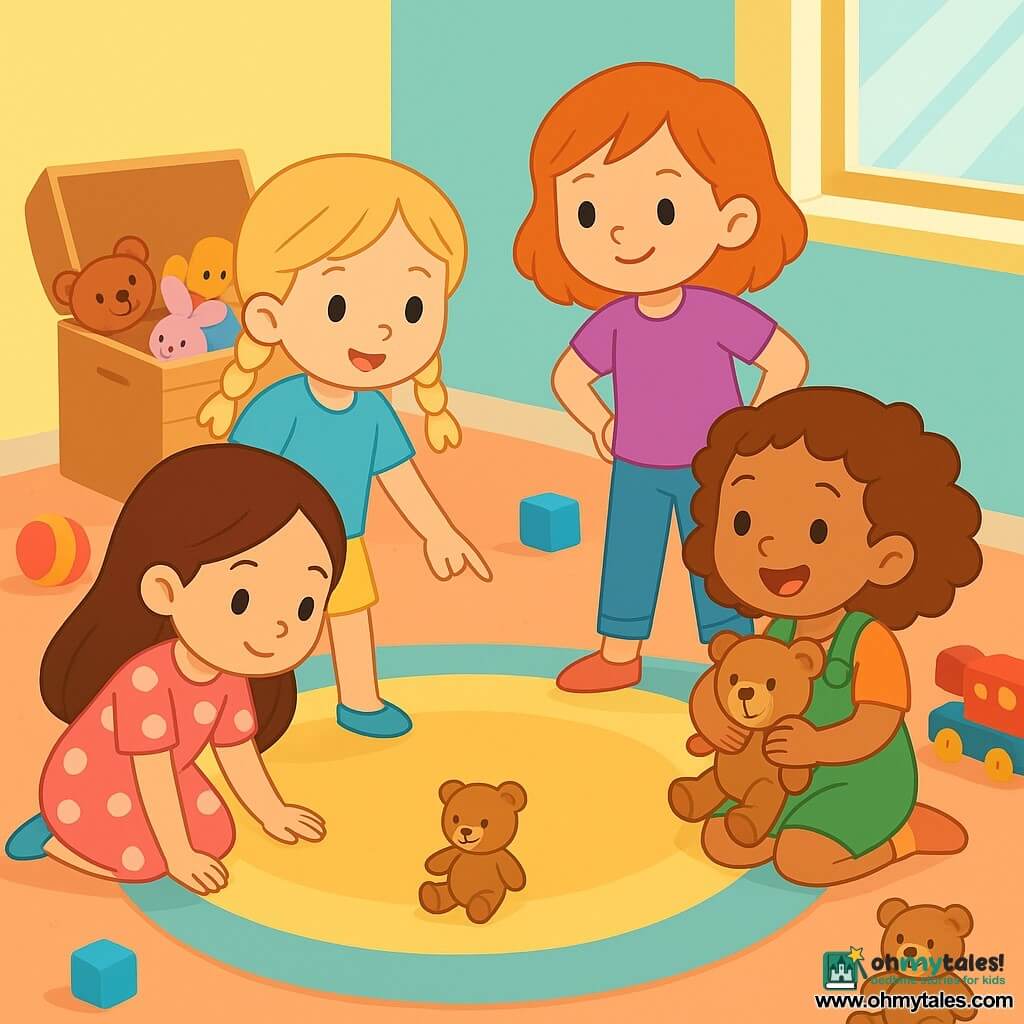 There are four children: - Mia: a 5-year-old girl with long brown hair, wearing a pink polka-dot dress, crouching near a rug, carefully looking at a small clue. - Zoe: a 5-year-old girl with braided blonde hair, dressed in a blue t-shirt and yellow shorts, standing next to Mia, pointing at a small object on the floor. - Ana: a 4-year-old girl with curly brown hair, wearing a green overall, sitting on the floor, holding a small teddy bear in her arms, smiling joyfully. - Bea: a 5-year-old girl with red hair, wearing a purple t-shirt and jeans, standing behind Zoe, hands on her hips, with a determined expression. The setting is a bright and colorful children's room, with a large fluffy rug in the center, pastel-painted walls, toys scattered on the floor, and a window letting in sunlight. A large open wooden toy chest is filled with stuffed animals and games. The main scene shows the four girls on a quest, searching for a lost teddy bear. They examine the floor with curiosity, surrounded by toys, and appear very focused on their mission, with expressions of joy and excitement on their faces.