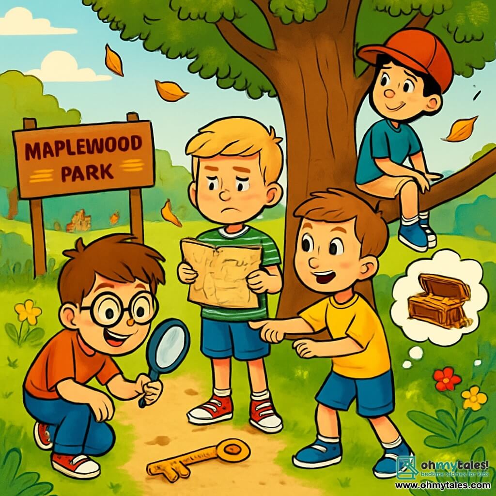 There are four children: Max, a 10-year-old boy with messy brown hair and round glasses, crouching with a magnifying glass and a big smile on his face; Leo, a 10-year-old boy with blond hair and sparkling eyes, standing with crossed arms and a determined look while holding a map; Sam, a 10-year-old boy with black hair and a red cap, sitting on a low branch with his legs dangling, looking dreamy as he imagines treasures; and Ben, a 10-year-old boy with brown hair and freckles, standing next to Max, pointing at the map with a curious expression. The setting is Maplewood Park, a green area with a majestic oak tree at the center, surrounded by falling golden leaves and colorful flowers lining the path. In the background, children are playing and families are picnicking on the grass. The main scene shows the four friends discovering a mysterious hidden treasure, with Max examining a shiny old key with his magnifying glass, Leo unfolding the map, Sam dreaming of hidden treasures, and Ben pointing towards a mysterious path leading into the woods, their faces filled with excitement and adventure.