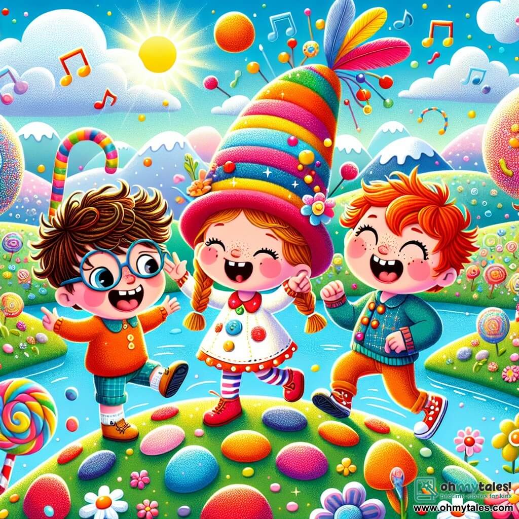 In a colorful and whimsical world, three friends stand by a sparkling jellybean river. Max, a 7-year-old boy with messy brown hair and a big smile, wears a bright felt hat adorned with feathers and bells. Next to him, Lily, a 6-year-old girl with braided blonde hair and round glasses, laughs while pointing at a dancing flower. Ben, a 7-year-old boy with red hair and freckles, joyfully jumps on a giant marshmallow.

The landscape is filled with candy cane trees, vibrant dancing flowers, and a blue sky dotted with candy-shaped clouds. The jellybean river sparkles in the sun, with musical notes floating in the air, creating a joyful and magical atmosphere.

The friends are telling a joke to the Jellybean River to make it laugh and feel happy, while a sheep-shaped cloud floats above them, ready to applaud their hilarious performance.