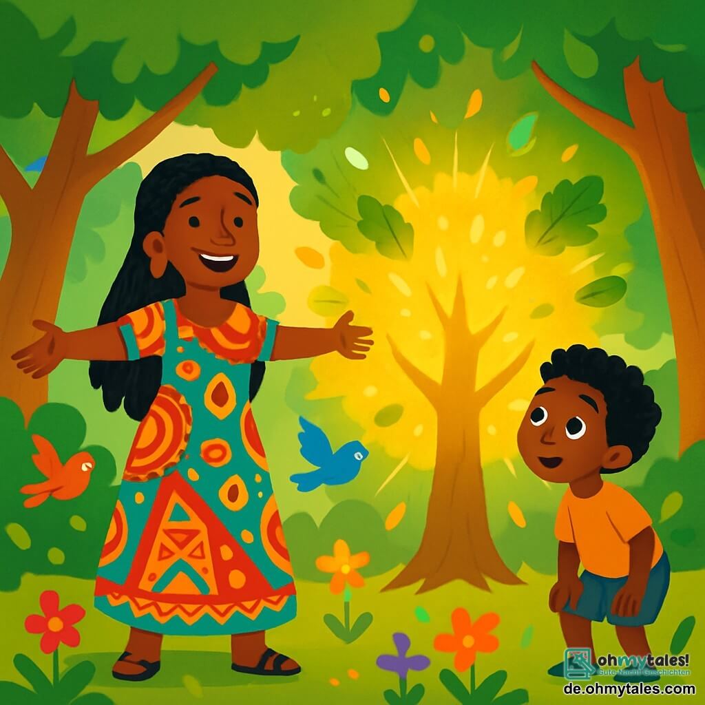 Eine etwa 30-jährige Frau namens Amara steht im Mittelpunkt der Szene, mit einem breiten, warmen Lächeln auf ihrem Gesicht. Sie hat lange, geflochtene schwarze Haare, eine goldene Haut und trägt ein farbenfrohes Kleid mit lebhaften afrikanischen Mustern. Ihre Augen strahlen vor Aufregung und Freundlichkeit, während sie einen großen leuchtenden Baum vor sich betrachtet. Neben ihr beobachtet ein etwa 8-jähriger Junge mit lockigem Haar und neugierigen Augen den großen Baum mit Staunen. Er trägt eine Stoffshorts und ein einfaches T-Shirt und beugt sich leicht nach vorne, fasziniert von der Magie um ihn herum. Der Ort ist ein weitläufiger, grüner afrikanischer Wald, gefüllt mit majestätischen Bäumen, dicken Stämmen und glänzenden Blättern, die von Sonnenstrahlen durchdrungen werden. Bunte Blumen bedecken den Boden, und Vögel mit leuchtendem Gefieder fliegen herum und verleihen dieser magischen Szene Leben. Amara steht mit offenen Armen da und empfängt die Magie des großen leuchtenden Baumes, der in warmem, goldenem Licht strahlt. Der Wind lässt die Blätter um sie herum tanzen und schafft eine verzauberte und fröhliche Atmosphäre.