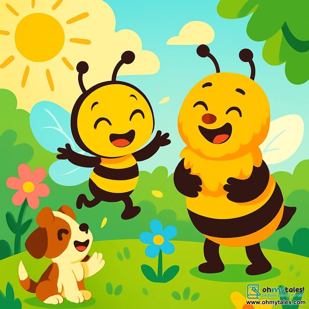 A small joyful bee, Buzz, with shiny wings and a striped yellow body, dances and twirls in the air, a big smile on his face. He is surrounded by colorful flowers with pink, blue, and yellow petals blooming under the bright sun. Next to him, Papa Bee, a larger and sturdier bee with soft, fluffy fur, looks at his son with sparkling eyes of pride and happiness, laughing heartily. Patchy, a small brown and white puppy, sits on the green grass, wagging his tail enthusiastically, applauding Buzz's dance. The scene takes place in a sunny garden filled with vibrant flowers and golden rays of light filtering through the tree leaves. Buzz performs a joyful dance, twirling and swaying, while Papa Bee and Patchy cheer him on with bright smiles, celebrating Father's Day together.