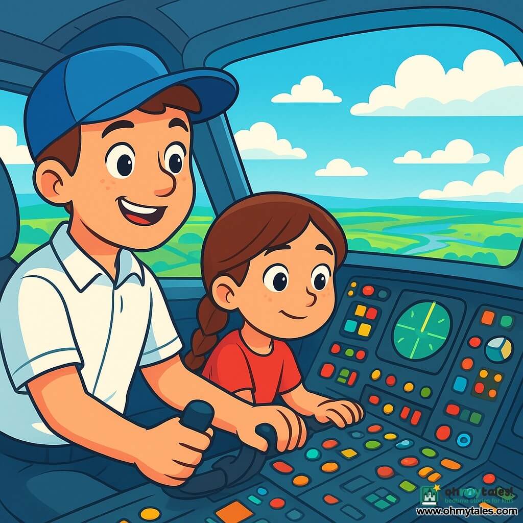 A pilot, Milo, smiling and confident, wearing a blue cap and a white shirt, stands in the cockpit of an airplane. His eyes shine with excitement and determination as he adjusts the controls with skilled hands. Next to him, a young girl, Ana, about 10 years old with braided brown hair, closely observes the flight instruments, fascinated by the bright dashboard. The cockpit is filled with colorful buttons, blinking lights, and a large window offering a spectacular view of a blue sky dotted with fluffy white clouds. In the background, green fields and sparkling rivers can be seen, showcasing the beauty of the landscape below. The main scene shows Milo and Ana piloting the plane, looking focused and joyful as they ascend into the sky, ready for a new adventure together.