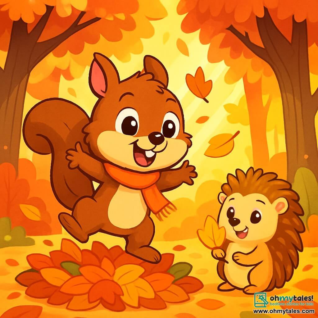 A little squirrel named Chestnut, with soft brown fur and a cream belly, wears a bright orange scarf. He has large, sparkling eyes filled with joy and a beaming smile as he joyfully jumps into a pile of colorful autumn leaves. Next to him, Hazel, a small hedgehog with golden spikes and round eyes, smiles in wonder while holding a golden leaf in her tiny paws. They are in an enchanted forest, where majestic trees are adorned with red, orange, and yellow leaves, and the ground is covered with a carpet of crunchy leaves. The scene radiates happiness and friendship, with rays of sunlight filtering through the branches, illuminating their magical moment of discovery.