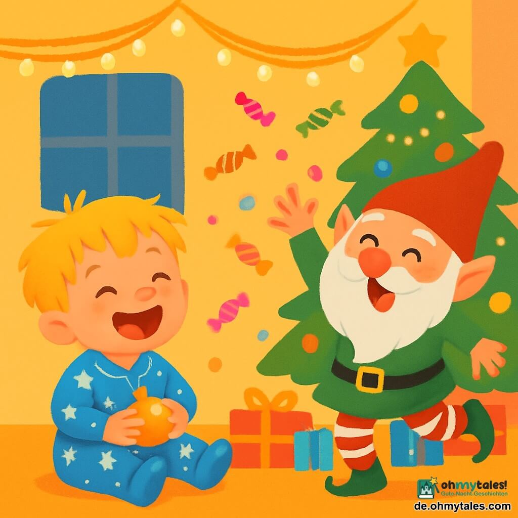 Ein zweijähriger Junge namens Max mit zerzausten blonden Haaren und strahlenden Augen sitzt auf dem Boden und lacht herzhaft. Er trägt einen blauen Schlafanzug mit weißen Sternen und hält eine kleine glänzende Weihnachtskugel in seinen Händen. Neben ihm macht ein schelmischer Elf mit einem langen weißen Bart und einer spitzen roten Mütze Grimassen und wirft bunte Süßigkeiten in die Luft. Das Wohnzimmer ist mit glitzernden Girlanden und einem großen, beleuchteten Weihnachtsbaum geschmückt, um den bunte Geschenke liegen. In dieser magischen Szene hat Max Spaß daran, die herabfallenden Süßigkeiten aufzusammeln, während der Elf fröhlich tanzt und eine festliche, fröhliche Atmosphäre schafft.