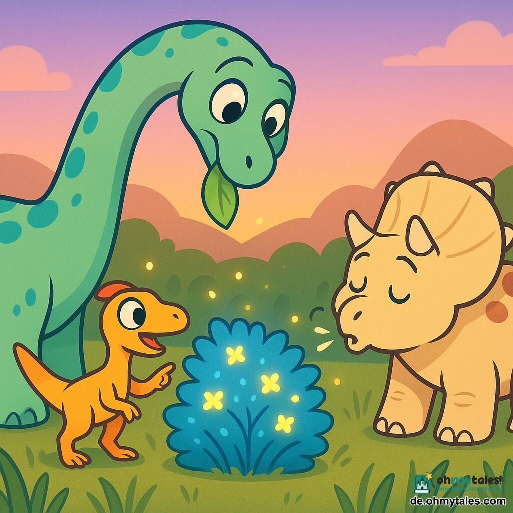 Ein großer, sanfter und schüchterner Diplodocus mit langem Hals, blassgrüner glatter Haut und türkisfarbenen Flecken neigt den Hals, um ein Blatt zurechtzulegen; ein kleiner, lebhafter Compsognathus mit kurzen orangeroten Federn steht neben einem leuchtenden blauen Busch und zeigt darauf; ein robuster Triceratops mit kurzen Hörnern und cremefarbener Panzerung bläst vorsichtig einen kleinen Dorn weg; Szene in einem flachen, weichen Gras-Tal bei Pastell-Sonnenuntergang mit runden Hügeln im Hintergrund, im Zentrum ein blau leuchtender Busch mit kleinen glänzenden Blüten, aus dem goldene Glühwürmchen schweben; warme, sichere Atmosphäre, klare Konturen und gesättigte Farben.
