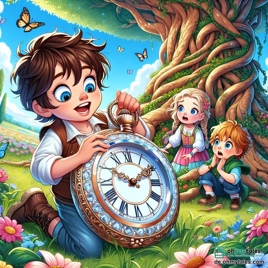Ein 5-jähriger Junge, Max, mit zerzausten braunen Haaren und großen, staunenden Augen, steht vor einem majestätischen Baum mit knorrigen Wurzeln und hält eine wunderschöne silberne Uhr, die im Licht funkelt. Er lächelt begeistert, voller Aufregung und Neugier. Neben ihm schaut ein 6-jähriges Mädchen, Mia, mit geflochtenen blonden Haaren und einem bunten Kleid, fasziniert auf die Uhr. Ein weiterer Junge, Leo, 5 Jahre alt, mit schwarzen Haaren und runden Brillen, hockt sich neben den Baum und untersucht die Wurzeln mit einem neugierigen Gesichtsausdruck. Der Ort ist ein zauberhafter Garten, voller leuchtender Blumen in allen Farben, mit Schmetterlingen, die um sie herumfliegen, und einem klaren blauen Himmel, der mit flauschigen Wolken bedeckt ist. In der Ferne sind grüne Hügel und ein gewundener Weg, gesäumt von Bäumen, zu sehen. Die Hauptsituation zeigt Max, Mia und Leo, die die magische Uhr entdecken, die sie auf Abenteuer durch die Zeit mitnehmen könnte, voller Staunen und Vorfreude auf das, was sie erwartet.